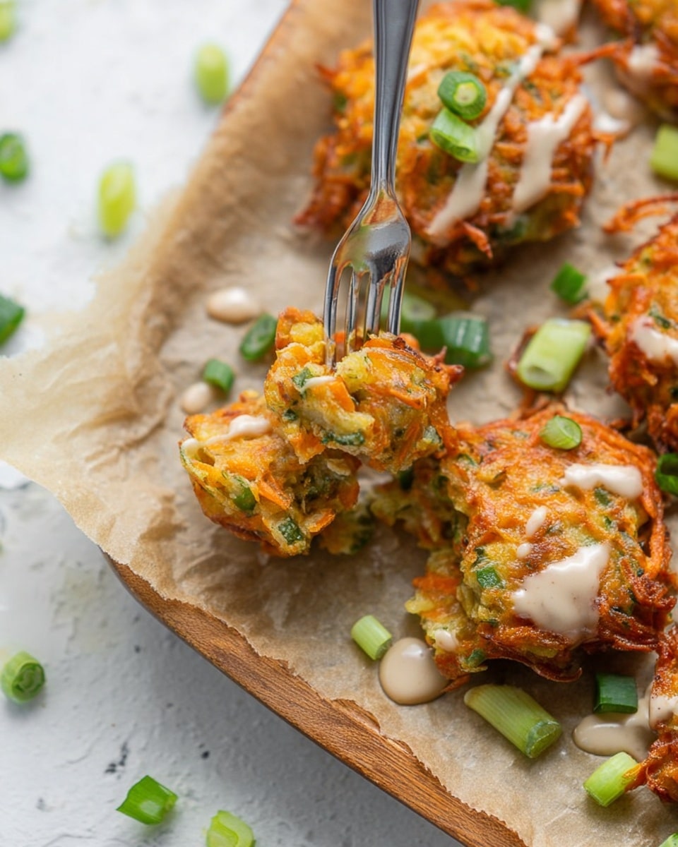 Several small, round fritters that are golden-orange with crispy edges sit on light brown parchment paper on a wooden tray. Each fritter has visible bits of green herbs and orange shredded vegetables inside, with a drizzle of light cream sauce on top. Around the fritters are small pieces of fresh, chopped green onions. A silver fork holds one fritter above the tray, showing its texture and sauce. The scene is against a white marbled texture with scattered green onion pieces in the background. Photo taken with an iphone --ar 4:5 --v 7