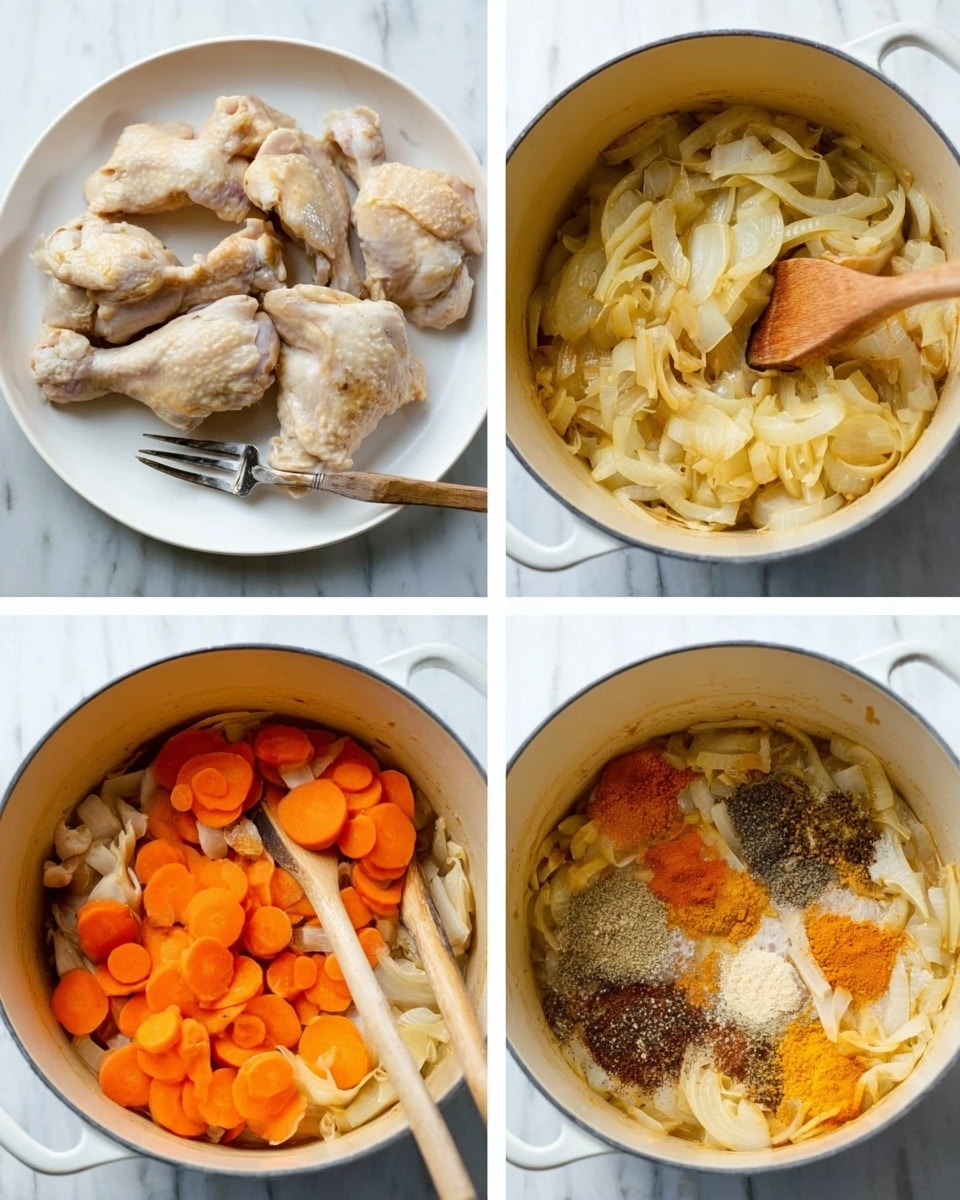 The image shows four parts of cooking steps for a dish. The top left part displays cooked pale brown chicken pieces placed on a white plate with some fork tines visible. The top right part shows a wooden spoon stirring thinly sliced pale yellow onions with light browning inside a white pot, all set on a white marbled surface. The bottom left shows the pot again with the same onions, now mixed with bright orange carrot rounds, stirred by the wooden spoon. The bottom right part features the same pot holding the onions and carrots mixed with small mound-like piles of dark brown and light orange spices, with the wooden spoon resting on the mixture; all are on the white marbled surface. Photo taken with an iphone --ar 4:5 --v 7
