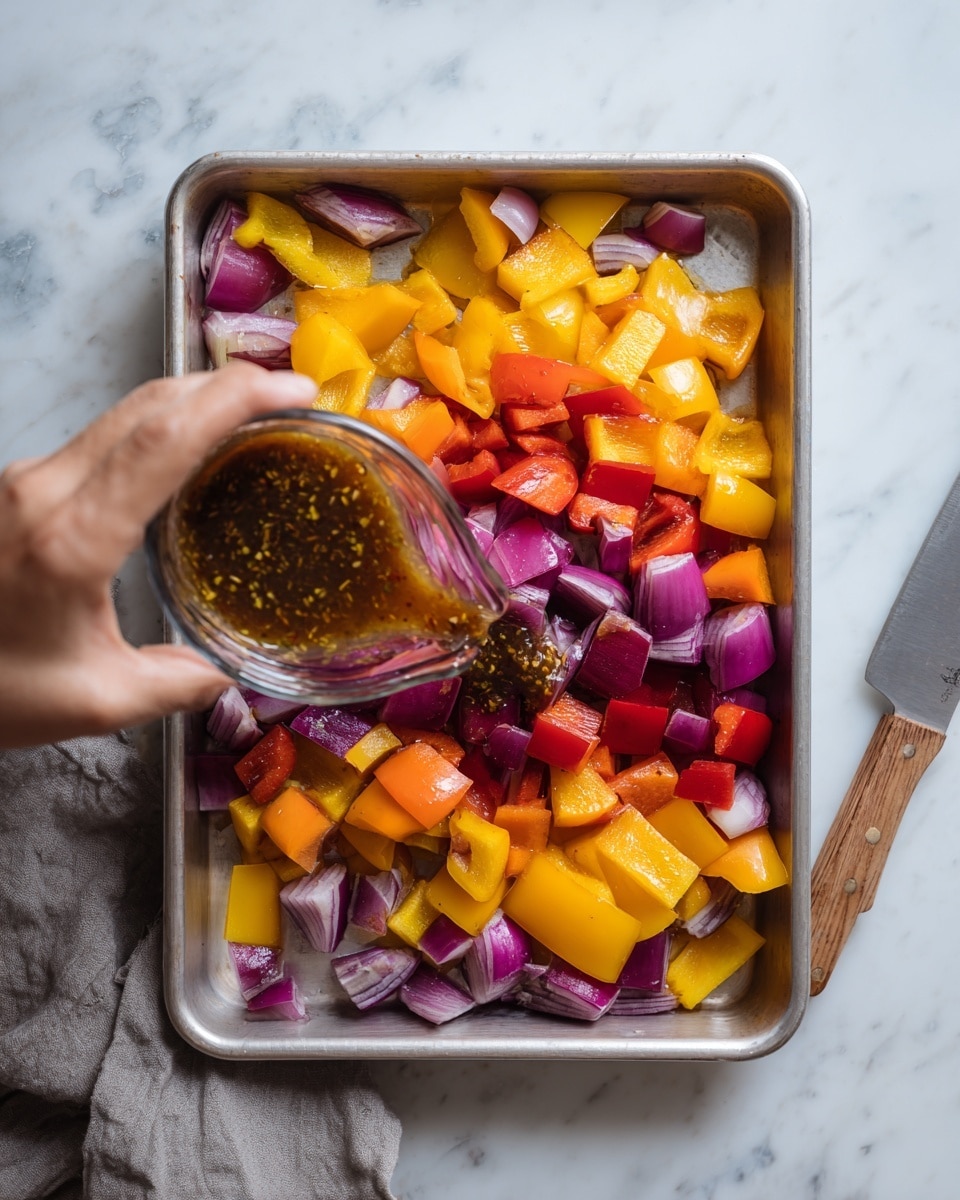 The image shows a silver metal tray filled with chopped vegetables arranged in layers. The bottom layer has large pieces of red, yellow, and orange bell peppers spread evenly. On top, there are thick chunks of purple-red onion scattered in between the peppers. A woman's hand is seen pouring a brown sauce with visible garlic bits from a small clear glass container over the vegetables. The tray sits on a white marbled surface with a knife that has a light wooden handle placed on the right side and a soft gray cloth on the left. Photo taken with an iphone --ar 4:5 --v 7