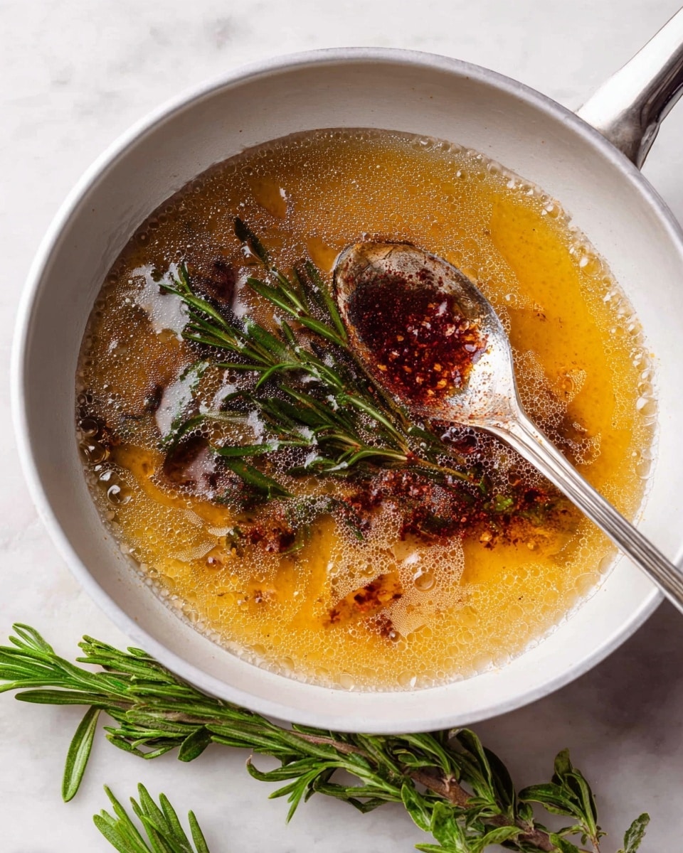 A white pan filled with a golden liquid base that looks clear with some bubbles on the surface. Inside the liquid, there is a sprinkling of dark red powder spread unevenly, creating patches of deep reddish-brown. Floating on top is a small bunch of green rosemary sprigs, adding texture and contrast. A silver spoon rests in the liquid, containing some of the golden liquid and scattered red powder inside. The pan sits on a white marbled surface with a few fresh green rosemary sprigs placed nearby. Photo taken with an iphone --ar 4:5 --v 7