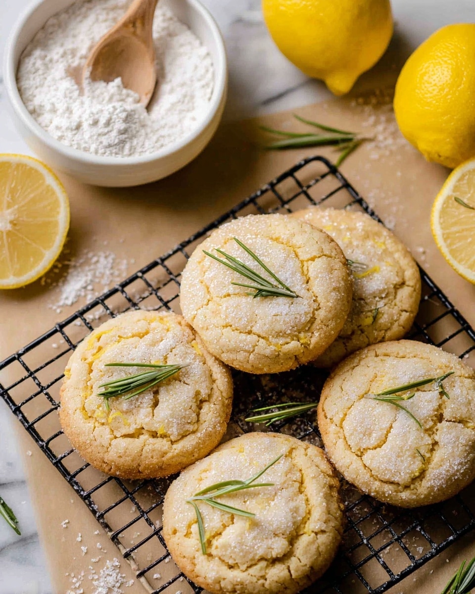 A close-up image shows six round lemon cookies with a light golden-brown color and a sugar-coated cracked top texture. Each cookie is decorated with a small fresh green rosemary sprig placed near the center. The cookies are arranged on a black metal cooling rack, which sits on a light brown parchment paper over a white marbled surface. To the top left, there is a white bowl filled with a fine white powder and a wooden spoon inside. On the right side of the image, there are whole and halved bright yellow lemons adding color contrast. Some sugar granules are scattered around the cookies and lemons. Photo taken with an iphone --ar 4:5 --v 7