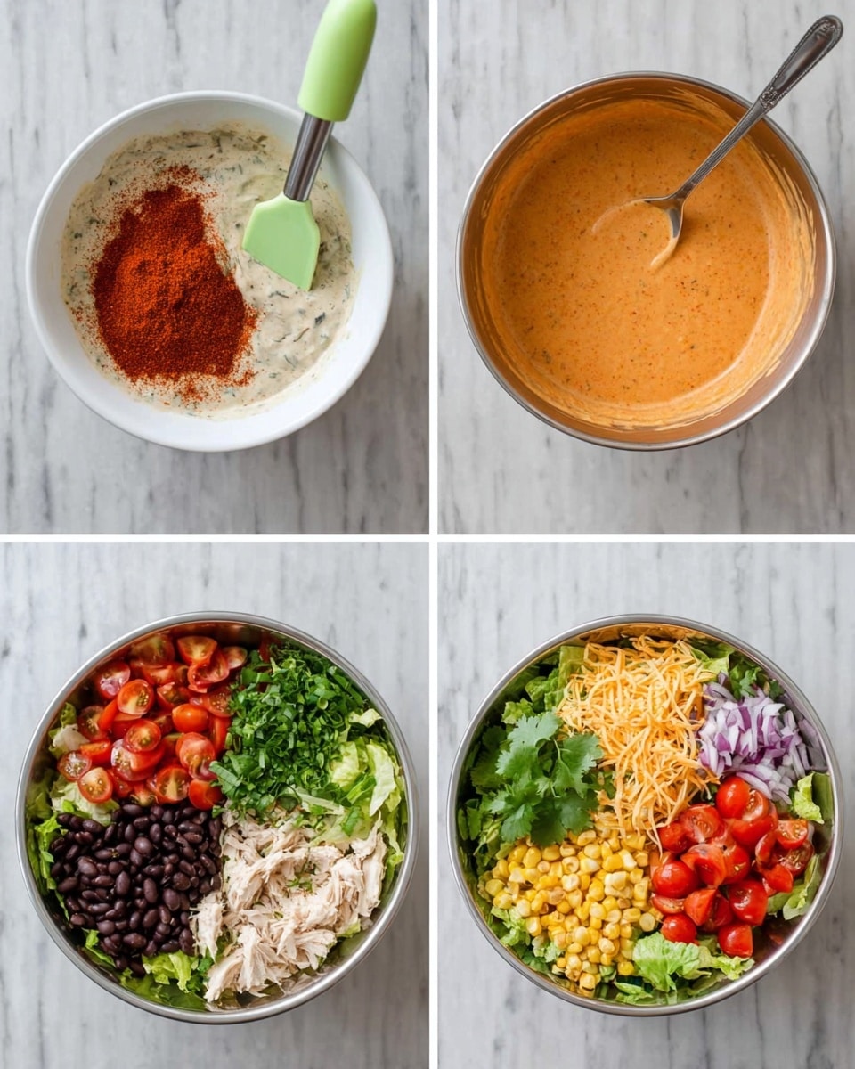 The image shows a four-step visual of making a salad with dressing. In the first image, a white bowl holds thick white dressing mixture with a pile of dark orange-red powder on top, and a light green spatula sits inside. The second image shows the same white bowl with the orange-red powder mixed into the white dressing, creating a smooth, light orange sauce with specks. In the third image, a metal bowl contains seven layers of salad ingredients arranged side-by-side: bright green chopped green onions, black beans, shredded white chicken, shredded orange cheese, halved red cherry tomatoes, yellow corn, thin slices of purple red onion, and green cilantro. The fourth image shows the salad mixed with green lettuce leaves, topped evenly with the orange dressing. The bowls are on a white marbled surface. photo taken with an iphone --ar 4:5 --v 7