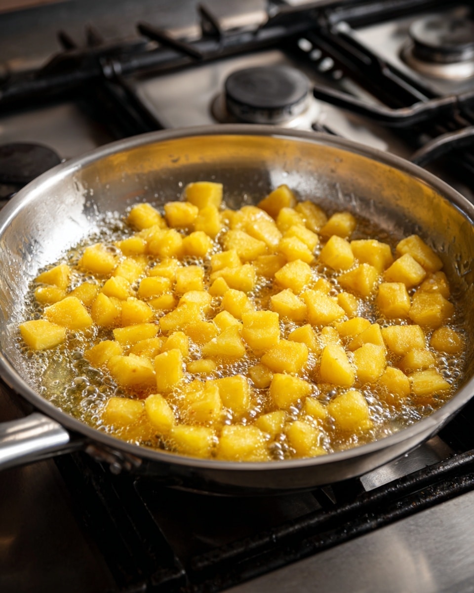 A white rectangular baking dish holds a single-layer oatmeal crumble with a brown, crumbly texture that looks baked and crisp on the edges, topped in the center with a mound of golden, caramelized diced apples that are shiny and soft. The dish sits on a wooden surface with dark tones, next to a dark gray cloth and a small silver pot filled with round golden coins. Photo taken with an iphone --ar 4:5 --v 7
