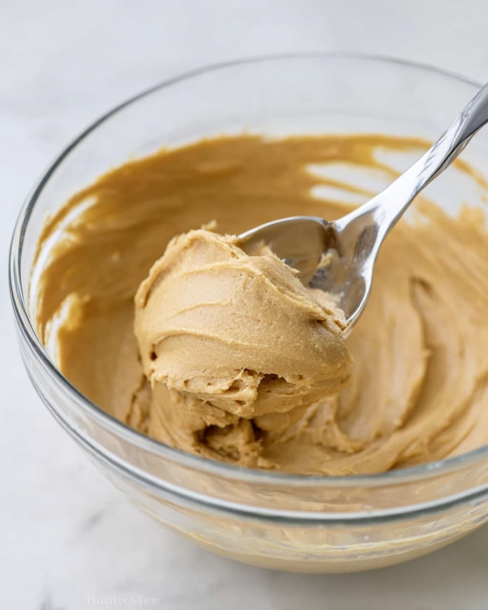 A clear glass bowl holds one smooth layer of light tan cookie dough with a soft, creamy texture. A shiny silver spoon rests inside the bowl, lifting a rounded scoop of dough, showing its thick consistency. The bowl is placed on a white marbled surface, and the background is blurred to keep the focus on the dough and spoon. Photo taken with an iphone --ar 4:5 --v 7