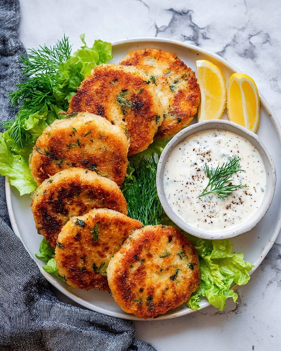 The image shows two thick salmon patties stacked on a white plate with a white marbled background. Each patty has a golden brown crisp outer layer with visible soft white and pink salmon chunks inside. There are flecks of green herbs spread throughout the patties. On top of the upper patty, there is a fresh green lettuce leaf adding vibrant color contrast. The texture looks crunchy outside and tender inside. The photo taken with an iphone --ar 4:5 --v 7