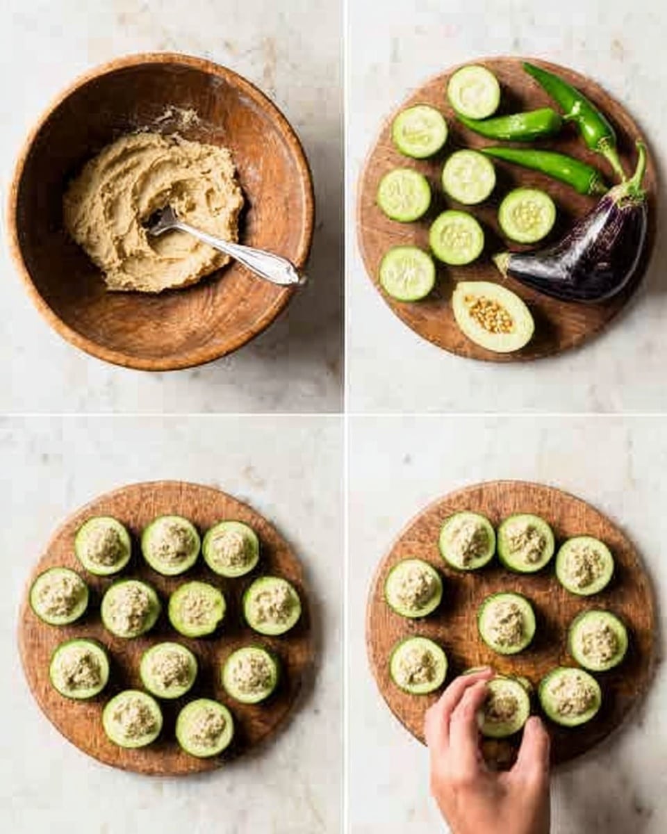 The image is divided into four sections, each showing a step in preparing stuffed vegetables. The top left section shows a wooden bowl filled with a thick beige paste, mixed unevenly with a spoon inside. The top right section features a round wooden board on a white marbled surface, holding sliced green cucumber rounds, two green chilies, and a halved eggplant with visible seeds. The bottom left section shows the same wooden board, now with cucumber slices arranged neatly, hollowed in the center. In the bottom right section, a woman's hand places the beige stuffing into the hollowed cucumber rounds on the wooden board. The background is a clean white marbled surface in all frames. photo taken with an iphone --ar 4:5 --v 7