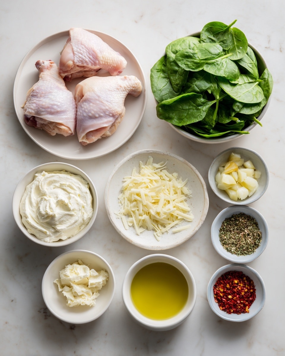 The image shows several small white bowls and a white plate arranged neatly on a white marbled surface. On the white plate at the top left, there are raw chicken thighs with a pale pink color. To the right, a small white bowl is filled with fresh green spinach leaves. Below the spinach, there is a white bowl containing grated mozzarella cheese with a creamy off-white color. Next to it on the left is a white bowl with smooth cream cheese that is a light creamy color. Below the cream cheese is a white bowl with golden-yellow avocado oil. To the right of the cream cheese, a small white bowl contains finely chopped garlic with light yellow pieces. Near the garlic is a white bowl filled with a dark coarse grind of black pepper. Close to the bottom right side, a tiny white bowl has reddish paprika powder, and next to it is another tiny white bowl holding bright red chili flakes. Above the paprika, a small white bowl contains a greenish-brown Italian seasoning mix. The overall setup is neat with a clean and fresh look, placed on a white marbled texture background. photo taken with an iphone --ar 4:5 --v 7