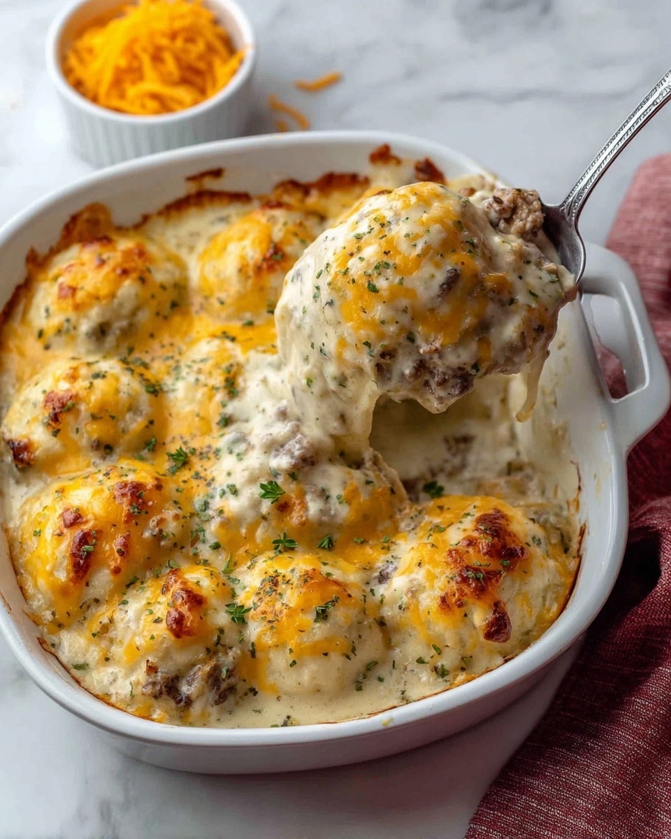 The dish shown is a serving of baked creamy mashed potatoes mixed with ground meat on a round wooden plate. It has two main layers: the bottom layer is a creamy white base mixed with chunks of browned ground meat, and the top layer is melted golden-yellow cheese with a slightly browned texture in spots. The dish is garnished with small green herb sprigs. A silver fork rests on the right side of the plate, partly under the food. The plate is on a light beige cloth, all set on a white marbled surface with some shredded cheese in a white bowl and a casserole dish partially visible. photo taken with an iphone --ar 4:5 --v 7