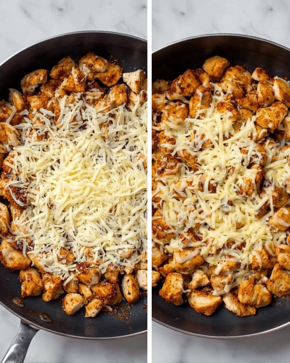 The image shows two frying pans on a white marbled surface, each filled with small, golden-brown cooked chunks of chicken. In the left pan, a generous layer of shredded white cheese covers the chicken in the middle, while the edges stay visible with the browned chicken pieces peeking out. In the right pan, the cheese has melted evenly over the chicken, creating a soft, creamy texture that blends with the chicken pieces underneath. The chicken has a slightly crispy look around the edges. photo taken with an iphone --ar 4:5 --v 7