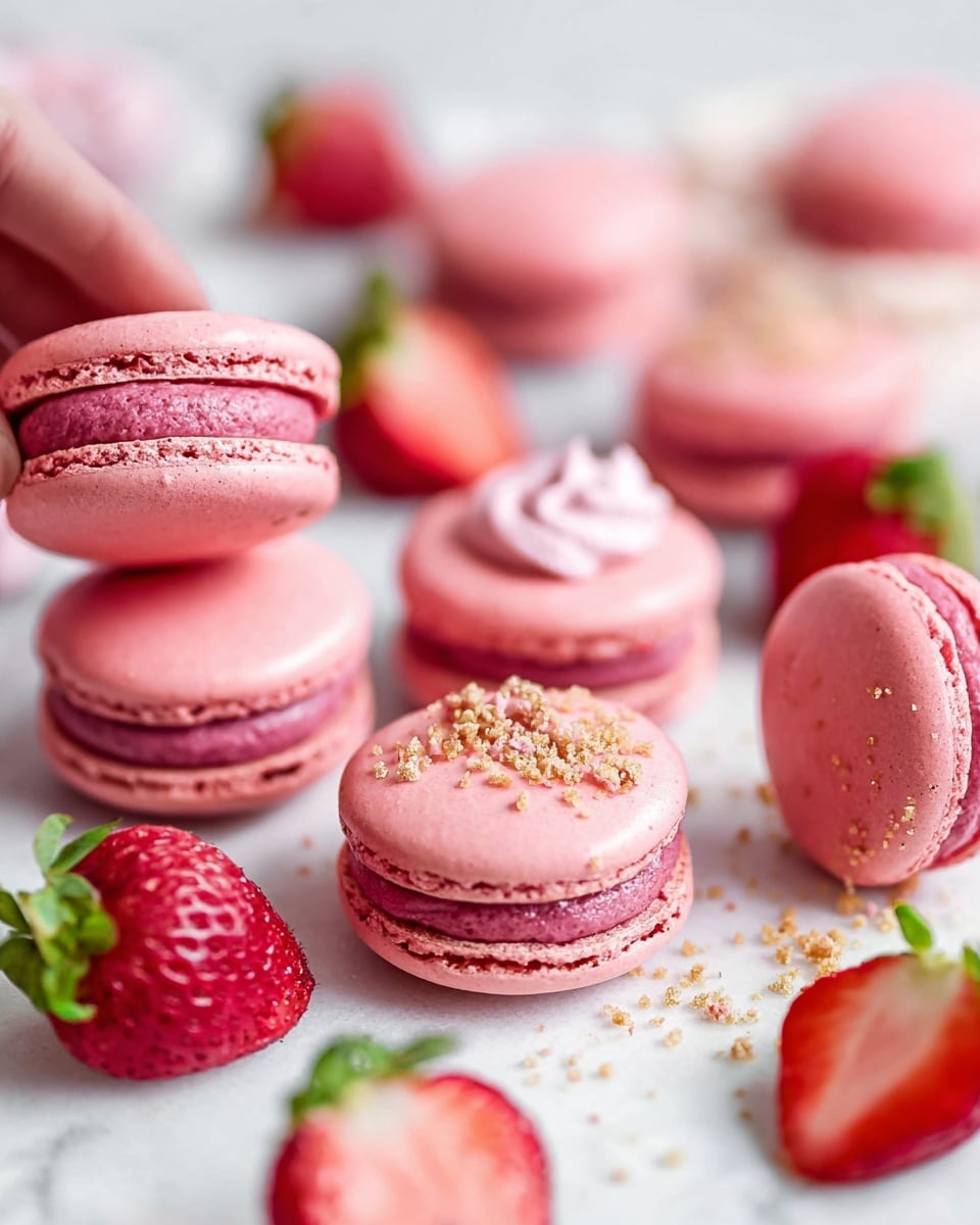 The image shows pink macarons on a white marbled surface, some whole and others opened with a dollop of smooth pink filling on the bottom shell, sprinkled with light crumbs. The macarons have two smooth, round, light pink shells with a slightly darker magenta filling in between when whole, and the opened ones reveal a thick, creamy filling with a glossy texture and tiny crumb bits on top. Fresh red strawberries with green leaves are placed around the macarons, adding bright color contrast. The background is softly blurred, and a woman's hand is holding one macaron upright near the left side. Photo taken with an iphone --ar 4:5 --v 7