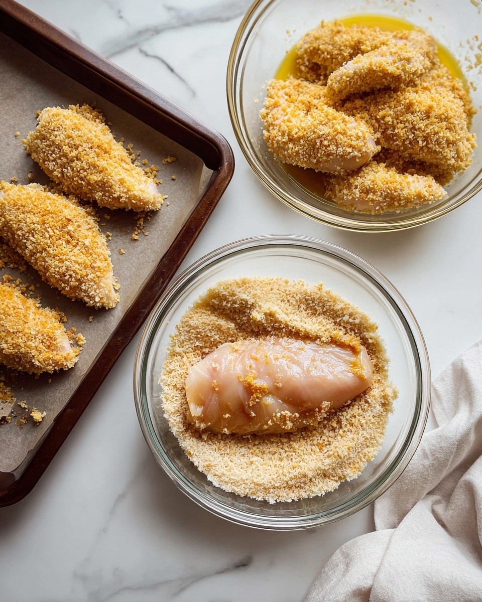 A clear glass bowl in the center holds a piece of light orange raw chicken covered halfway with a layer of coarse, pale golden breadcrumbs. Above and to the right, another clear glass bowl shows multiple pieces of raw chicken in a yellow marinade. To the left, a dark brown baking tray lined with parchment paper contains five chicken pieces fully coated in the same pale golden breadcrumbs, arranged in two staggered rows. The scene is set on a white marbled surface with a soft white cloth visible in the bottom right corner. Photo taken with an iphone --ar 4:5 --v 7