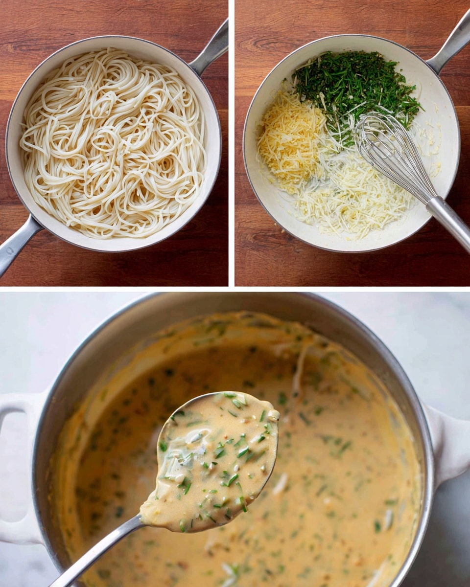The image shows a step-by-step visual of a noodle dish preparation. The first layer is white, smooth cooked noodles filling a white metal pot. The second layer inside a white metal pan has a mix of creamy sauce ingredients, including white cream, chopped green herbs, light yellow grated garlic or ginger, and a whisk stirring them together, all set on a wooden surface. The third layer features a close-up of a spoon holding thick, light brown sauce with green herb bits in it. The final layer is sauce being poured over the noodles and chopped green vegetables inside the white metal pot, with the creamy sauce blending over the noodles. The whole scene is on a white marbled background. Photo taken with an iphone --ar 4:5 --v 7