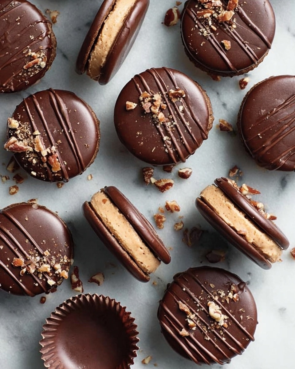 The image shows many small, round chocolate treats arranged closely together on a white marbled surface. Each treat has two smooth, dark brown chocolate layers on top and bottom, with a lighter brown filling in the middle. The top chocolate layer is decorated with thin lines of dark chocolate drizzle and sprinkled with crushed nuts, adding texture. Some treats have their white paper cups beside them, and a woman's hand is lifting one chocolate gently. The whole scene has a clean and elegant look, with a mix of smooth and textured chocolate surfaces. photo taken with an iphone --ar 4:5 --v 7