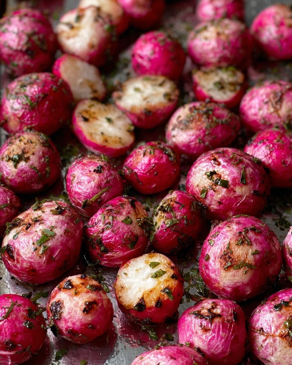 The image shows many roasted radishes on a metal baking tray. The radishes are mostly round and oval-shaped, with a mix of deep pink and white colors. The pink skin looks slightly wrinkled and browned, showing they are cooked. Some radishes are sliced in half, revealing the white, soft inside with little specks of black seasoning and green herbs. The green herbs, likely dill, are sprinkled unevenly on top, adding texture. The surface of the tray has some dark roasted bits and spots from cooking. The lighting makes the radishes look shiny and juicy. photo taken with an iphone --ar 4:5 --v 7