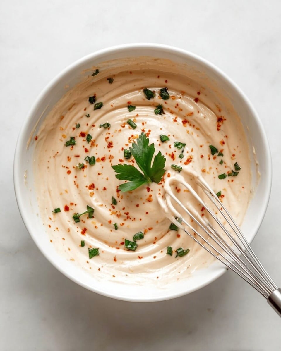 The image shows three tacos in white corn tortillas placed side by side on a white marbled surface. Each taco has a base layer of grilled white fish with a slightly charred texture, topped with shredded purple cabbage and leafy green lettuce. Slices of fresh green avocado rest on the greens, and a creamy, light beige sauce with visible herbs is being poured over the middle taco from a spoon above. A bright green lime wedge is partially visible in the front right corner. The background is softly blurred, focusing on the detailed layers and textures of the tacos. Photo taken with an iphone --ar 4:5 --v 7
