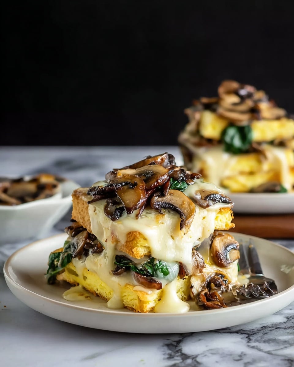 The image shows a sandwich with three visible layers on a white plate with a white marbled surface background. The bottom layer is a golden brown muffin or biscuit. Above this is a yellow fluffy egg layer. On top of the egg sits a layer of cooked dark brown mushrooms mixed with sautéed greens. The whole sandwich is covered with melted, slightly browned, white cheese that drips down the sides. A few mushrooms are scattered around the plate. In the background, there is a blurred second sandwich on a similar plate and part of a baking tray. Photo taken with an iphone --ar 4:5 --v 7