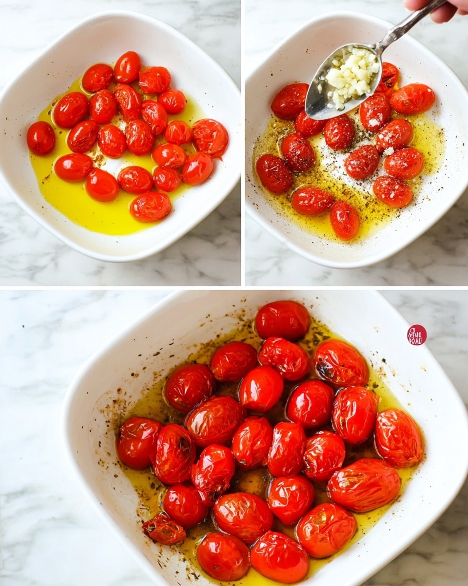 A white dish holds a layer of shiny red grape tomatoes scattered over a drizzle of yellow olive oil. In the second image, a woman's hand holds a small silver spoon filled with minced garlic, positioned above the tomatoes in the dish. In the third image, the same white dish shows the tomatoes covered with black pepper flakes and small white salt granules, still sitting on the olive oil. The final image shows roasted tomatoes in the white dish, their skins wrinkled and slightly charred, with browning and bubbling olive oil underneath, all on a white marbled surface. photo taken with an iphone --ar 4:5 --v 7