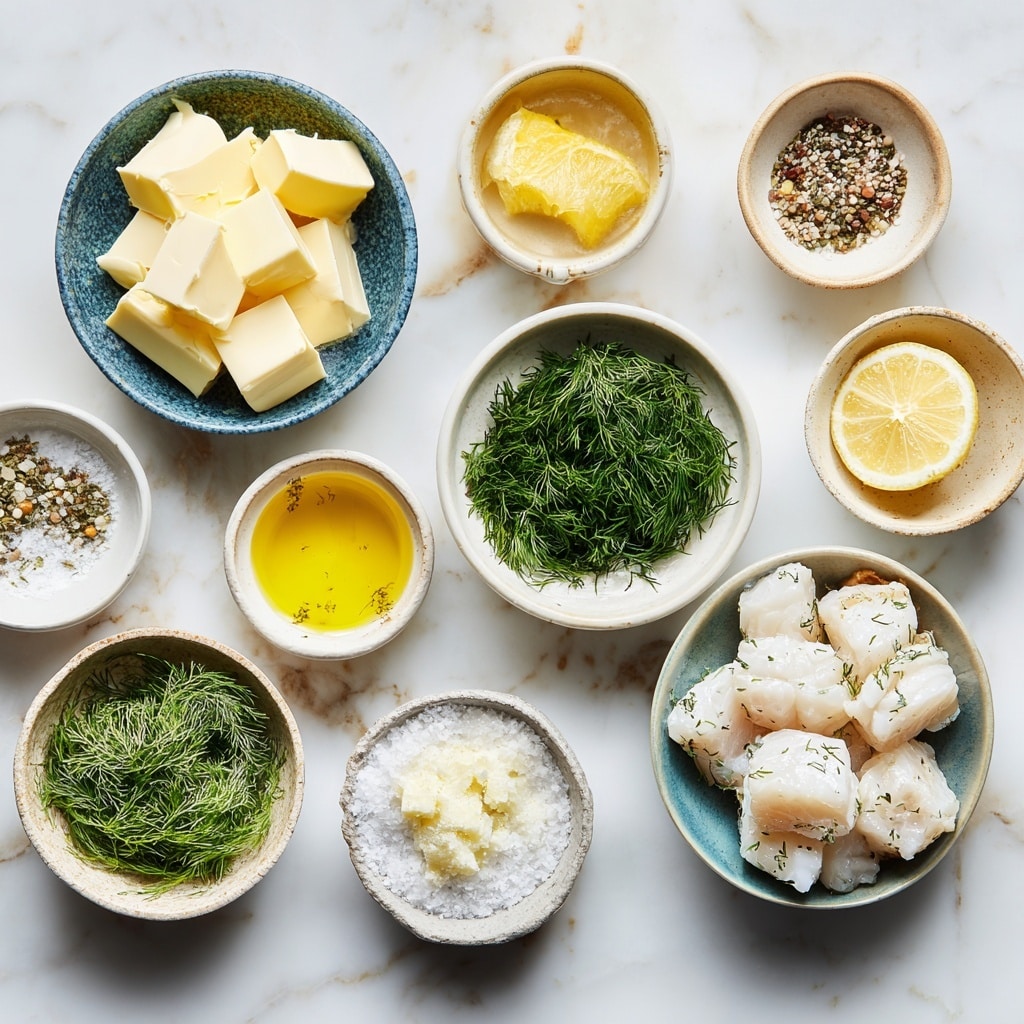 A white piece of cooked fish sits in the center of a round white plate. The fish is topped with small pieces of fresh green dill and light golden spots that show the light cooking. It rests in a creamy pale yellow sauce that has small green dill pieces mixed in. At the top edge of the plate, two bright yellow lemon wedges are placed side by side. The plate is set on a white marbled surface. photo taken with an iphone --ar 4:5 --v 7