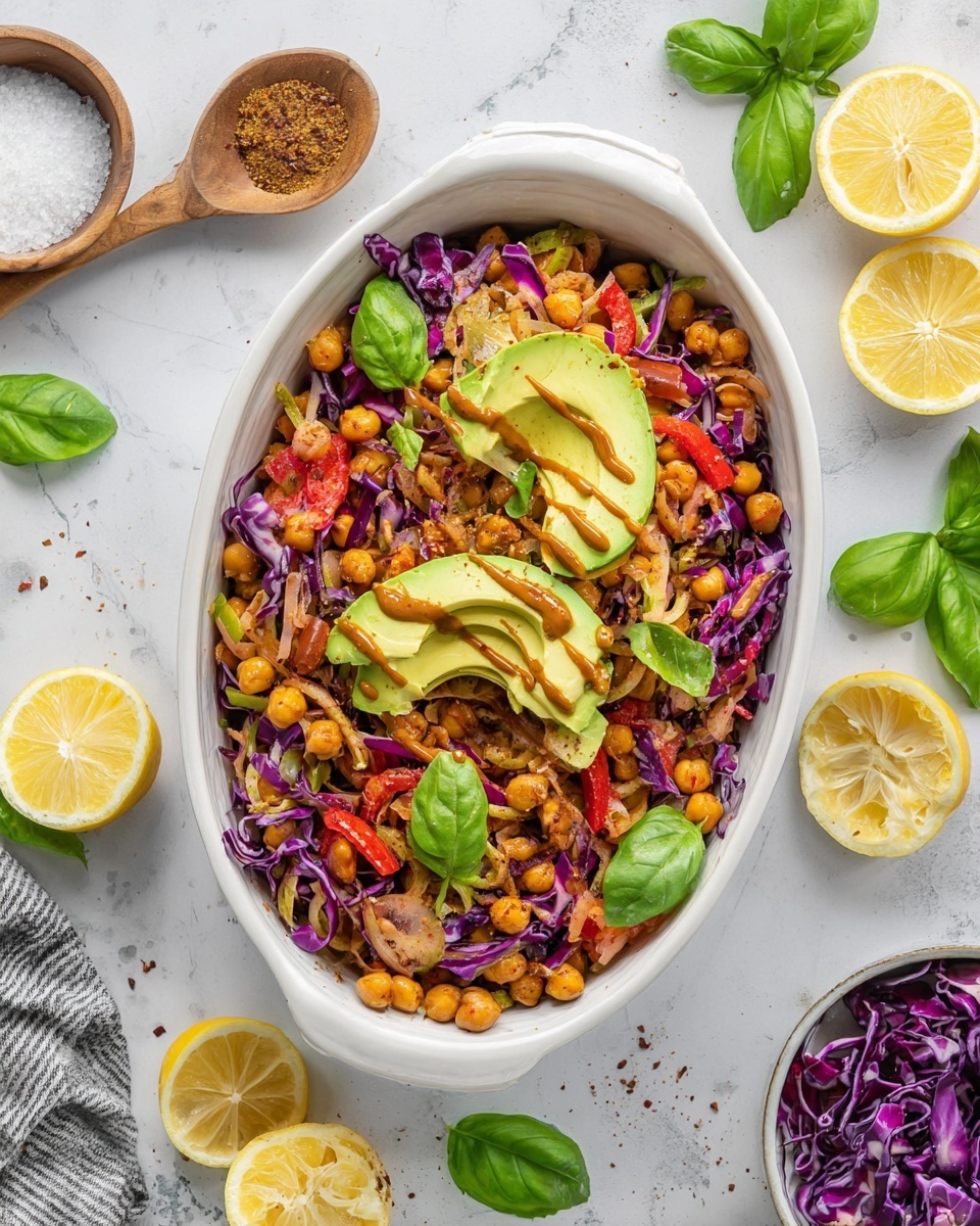 The image shows a white bowl filled with a colorful chickpea salad. The base layer is golden chickpeas mixed with small pieces of sautéed onions and thin slices of red bell pepper. Bright purple cabbage pieces are scattered throughout for a pop of color. Two sections of sliced avocado sit on top, their green flesh smooth and fresh, drizzled with a brown dressing. Fresh green basil leaves are placed on top and among the chickpeas, adding a vibrant green touch. The bowl sits on a white marbled surface. The photo taken with an iphone --ar 4:5 --v 7