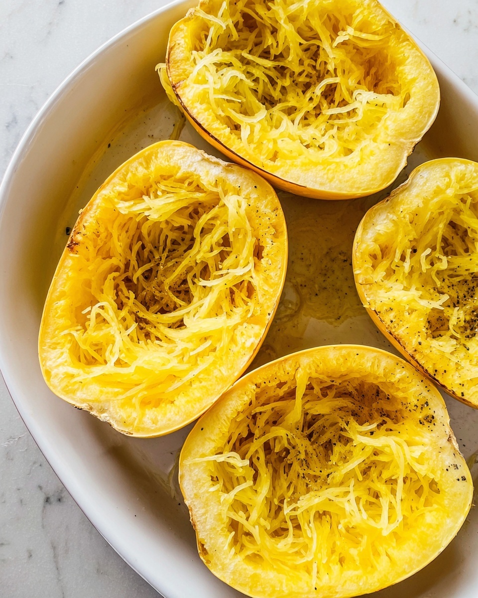 The image shows a white baking dish on a white marbled surface, holding four halved yellow spaghetti squashes. Each half reveals bright yellow, stringy squash flesh inside, with the edges slightly browned from cooking. The flesh appears soft and separated into many thin noodle-like strands, while the outer skin remains firm and slightly wrinkled. Some small black specks of seasoning and light charring are visible on the surface around the squash. photo taken with an iphone --ar 4:5 --v 7