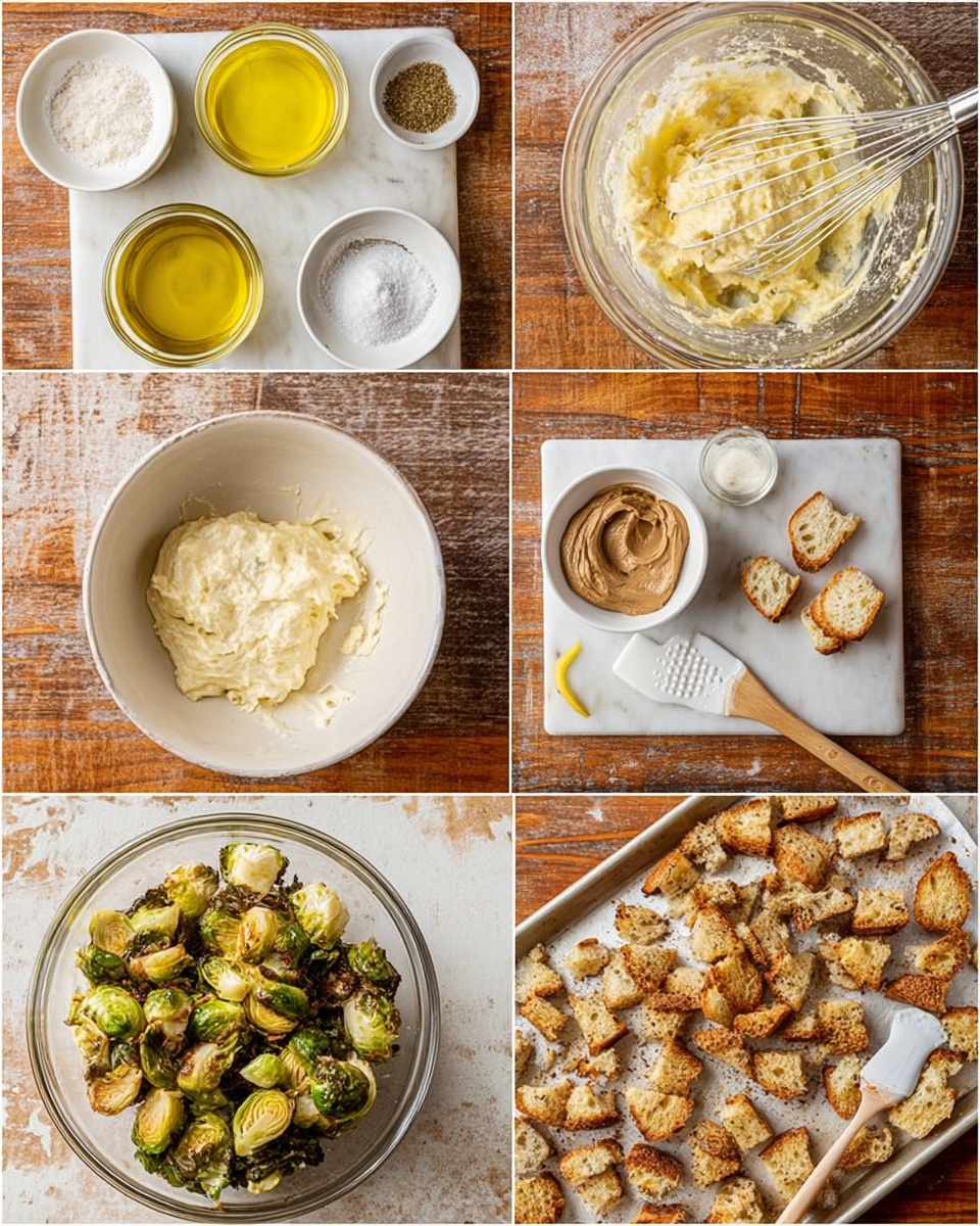 The image shows six frames of a cooking process on a wooden surface with a white marbled texture background. The first frame displays raw ingredients arranged neatly in white bowls and plates, including olive oil, powder, a lemon, anchovy filets, and a creamy brown paste on a white tray. The second frame shows a glass bowl with a pale yellow batter being mixed with a whisk. The third frame features roasted Brussels sprouts coated with a sauce or batter inside a glass bowl, with a white spatula underneath them. The fourth frame has torn pieces of bread placed inside a clear glass bowl with more bread on the side. The fifth frame displays small toasted bread pieces spread on a baking sheet. The final frame shows the same baking sheet with the bread pieces now more browned and crunchy after baking. photo taken with an iphone --ar 4:5 --v 7
