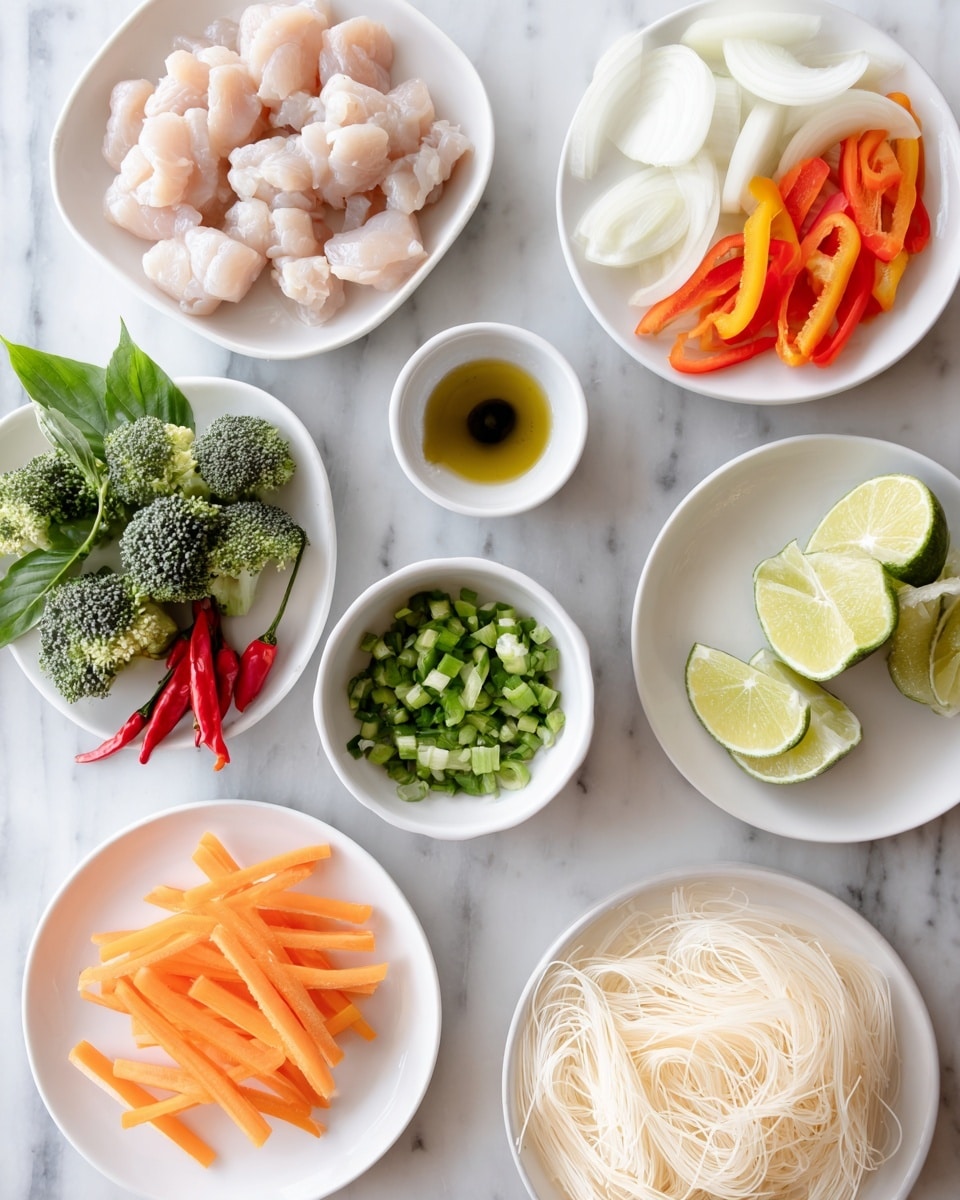 The image shows a white plate with small raw chicken pieces in the top left, next to thin orange bell pepper slices and white onion slices on white plates. Below those, there's a white plate with thin orange carrot sticks, and a small white bowl with green onion pieces next to small chopped broccoli on a white plate. In the center is a small white bowl of clear vegetable oil and another with chopped garlic. Fresh green Thai basil leaves sit on a white marble surface on the left side, with small red Thai red chilies below. On the right, there are lime wedges on a white plate and a pile of smooth, pale yellow rice noodles at the bottom center. Photo taken with an iphone --ar 4:5 --v 7