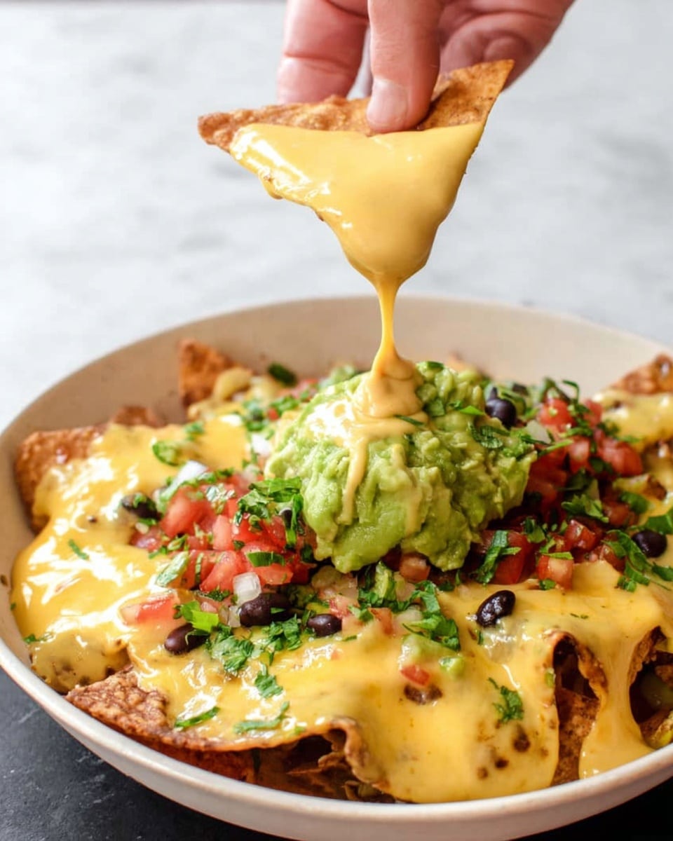 A close-up of a woman's hand holding a single triangular chip covered in thick, smooth yellow cheese sauce that drips slightly from the tip. Below, a white bowl is filled with layered chips covered in melted yellow cheese sauce, a dollop of bright green chunky guacamole in the center, scattered black beans, bits of red salsa, and chopped fresh green herbs sprinkled on top. The bowl rests on a white marbled surface with a clean, bright background. photo taken with an iphone --ar 4:5 --v 7