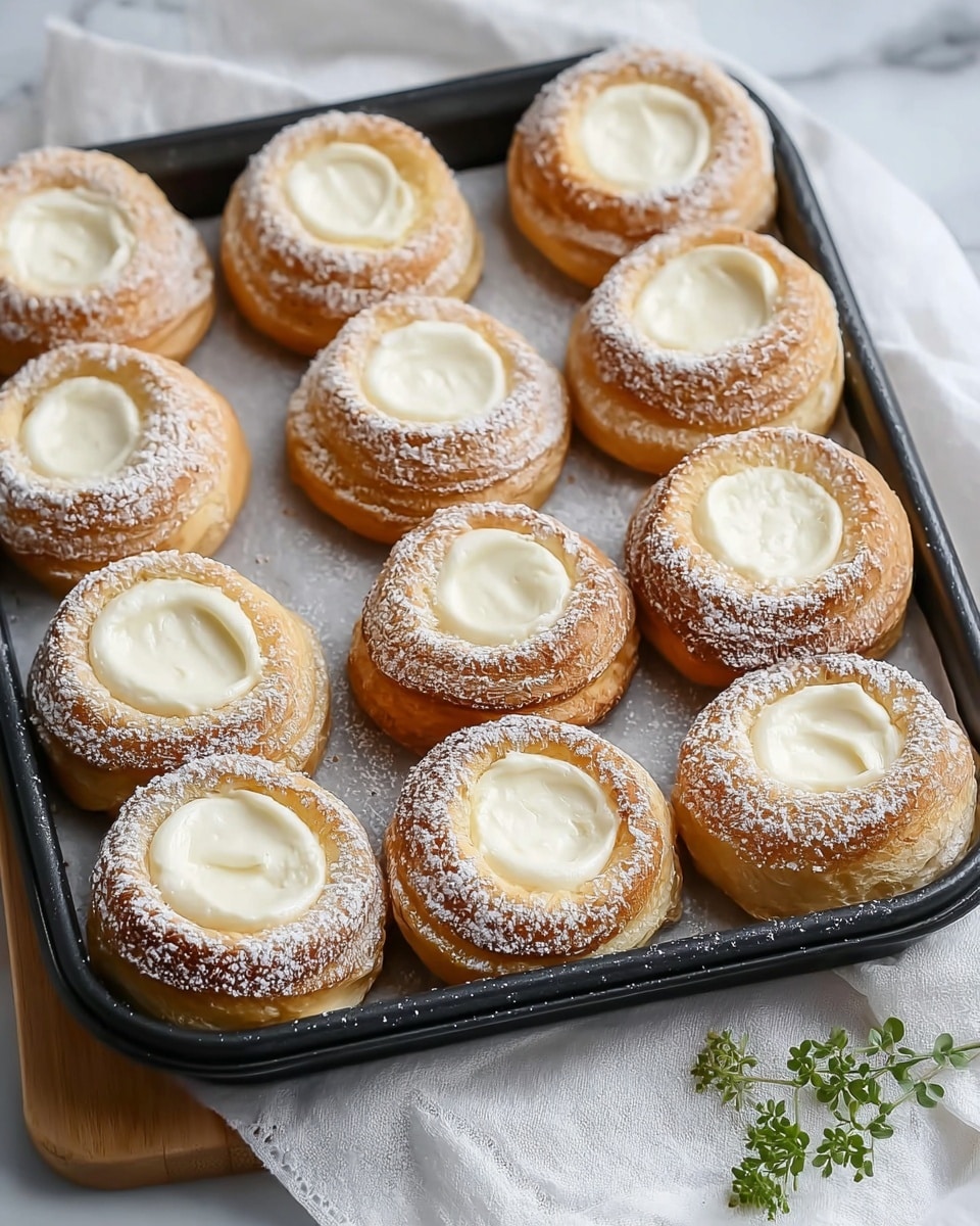 The image shows a black baking tray filled with twelve round pastries arranged in rows, each with one visible layer of golden-brown dough forming a thick ring around a smooth white cream center that looks soft and glossy. The dough has a light dusting of powdered sugar around the edges, adding a slightly textured, powdery look. The pastries sit on white baking paper, and the tray is placed on a white marbled surface with a white cloth slightly showing below the tray. Near the bottom right corner, a small green herb sprig adds a slight touch of color. photo taken with an iphone --ar 4:5 --v 7