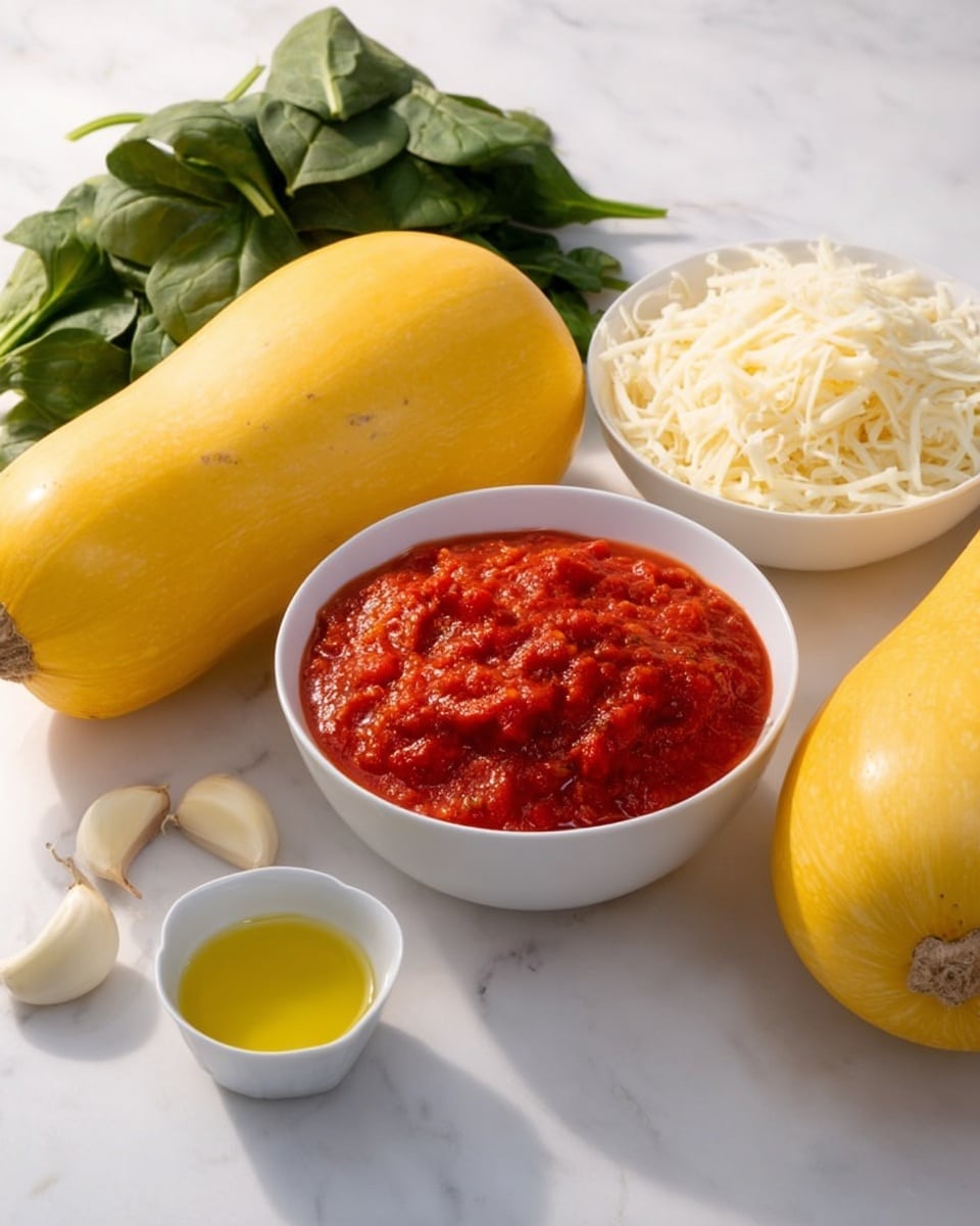 The image shows a white bowl filled with chunky red tomato sauce placed in the center on a white marbled surface. To the right and slightly behind it is another white bowl full of shredded white cheese. In front and to the left of the tomato sauce bowl is a small white dish with golden olive oil. Three beige garlic cloves are laid on the surface between the olive oil dish and the tomato sauce bowl. In the background, two large, yellow spaghetti squashes with smooth, peeling skin rest next to a bunch of fresh, dark green leafy spinach. The light is bright and natural, making the colors of the vegetables and ingredients clear and vivid. Photo taken with an iphone --ar 4:5 --v 7
