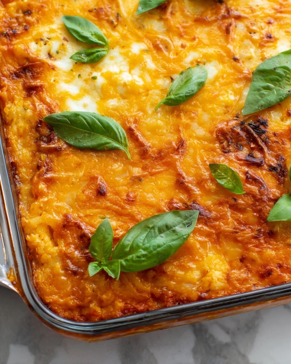 A close-up view of a baked dish in a clear glass rectangular baking dish with a white marbled surface underneath. The dish has one thick layer of melted yellow-orange cheese mixed with orange tomato sauce, showing some smooth and slightly bubbly texture. Fresh green basil leaves are placed evenly on top, adding bright contrast to the warm colors beneath. The edges of the dish have a bit of slightly browned sauce, showing it was baked well. Photo taken with an iphone --ar 4:5 --v 7