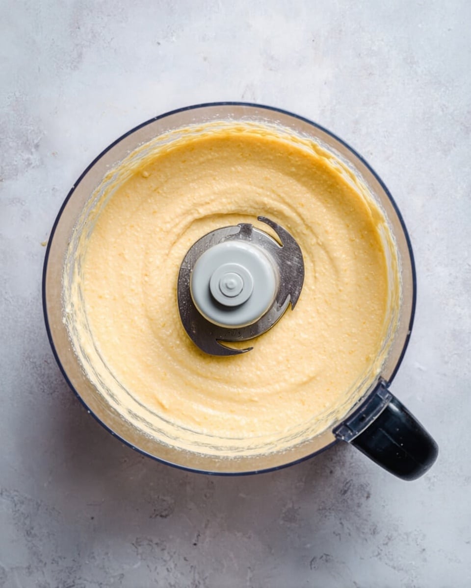The image shows a top-down view of a clear food processor bowl filled with a smooth pale yellow mixture that has a slightly creamy and thick texture. The mixture is evenly spread and surrounds the central blade attachment, which is light grey. The base of the food processor bowl is black with a handle on the right side. The whole setup is placed on a white marbled textured surface. photo taken with an iphone --ar 4:5 --v 7