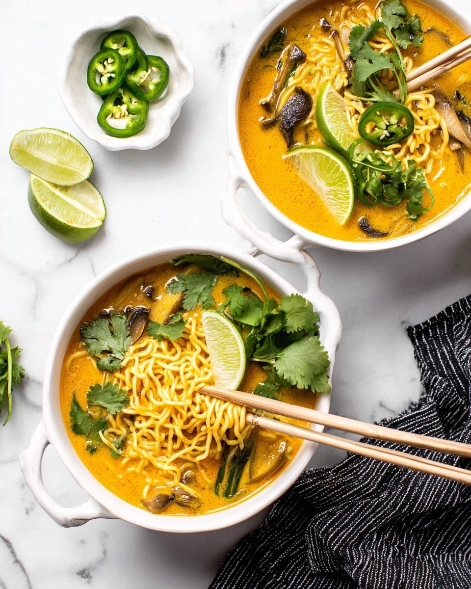 A white bowl filled with yellow noodles soaking in an orange broth with green vegetables and herbs on top, including cilantro and sliced green chili, and a lime wedge resting on the side of the bowl. A pair of chopsticks held by a woman's hand is lifting a swirl of noodles from the bowl. The bowl sits on a white marbled surface, with another similar bowl blurred in the background along with a small white bowl holding more green chilies and lime wedges. photo taken with an iphone --ar 4:5 --v 7