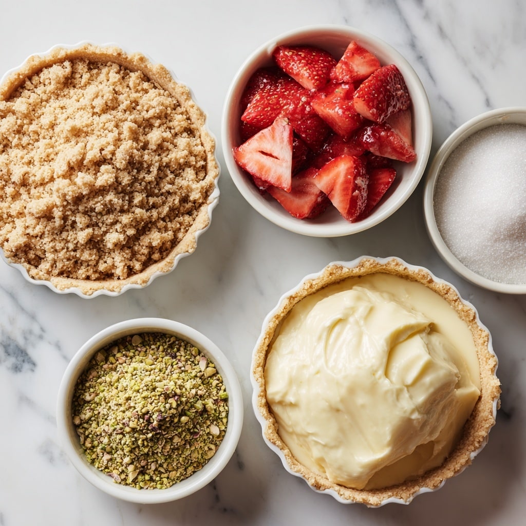 A close-up view of a small tart sitting on a white plate with a beige rim, placed on a white marbled textured surface. The tart has three layers: the bottom layer is a golden brown crust with ridged edges, the middle layer is a creamy light green filling swirled into a small peak in the center, and the top layer features three bright red strawberry slices arranged in a triangular shape around the peak. Small pieces of chopped nuts, mainly green pistachios, are sprinkled over the cream and around the tart on the plate. In the background, there are two more tarts with similar decoration and several whole strawberries scattered on the surface. The photo taken with an iphone --ar 4:5 --v 7
