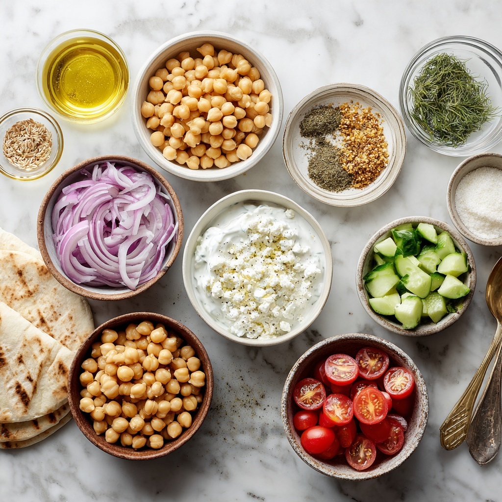 Two pita sandwiches are placed side by side on a white plate with a white marbled surface underneath. Each pita pocket is softly toasted with light brown spots and is filled with several colorful layers: at the base, there are golden roasted chickpeas, followed by chopped bright green cucumbers and halved red cherry tomatoes. On top, thin slices of translucent purple onions are scattered, along with crumbled white cheese, all garnished with small green herb leaves. A woman's hand is partially visible near the plate, holding one of the pitas. Some small pieces of cucumber and tomato are scattered around on the white marbled surface. Photo taken with an iphone --ar 4:5 --v 7