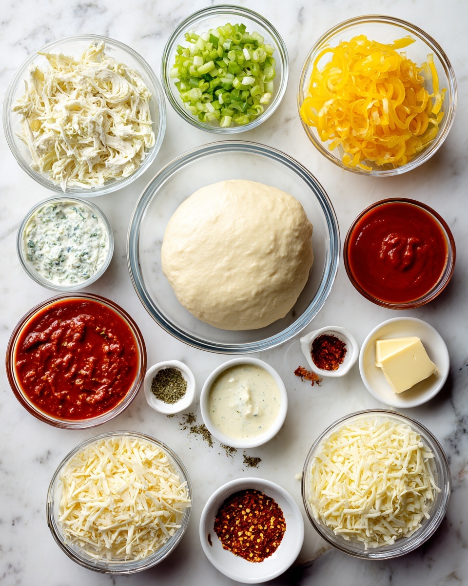 A white marbled surface holds multiple small glass and white bowls arranged neatly, each containing a different ingredient. In the center, a glass bowl holds a round ball of smooth, pale pizza dough. Above it to the left, finely chopped green onions sit in a glass bowl, while to the right, yellow banana peppers fill another glass bowl. Directly below the green onions, there is creamy white blue cheese sauce in a glass bowl and a glass bowl of shredded red onions beneath it. A large glass bowl of shredded chicken is positioned to the bottom left. To the right of the chicken, a small white bowl contains red pepper flakes, and next to it, another small white bowl with dried parsley. Below the banana peppers, a glass bowl filled with shredded white mozzarella cheese is placed. Beside the mozzarella is a small white bowl with two pieces of pale yellow butter. Next to the butter, there is a glass bowl of bright red pizza sauce, and in the lower right corner, a small glass bowl holds grated pale yellow Parmesan cheese. In the middle above the dough is a glass bowl with bright orange-red buffalo sauce. The entire scene is set on a white marbled surface. Photo taken with an iphone --ar 4:5 --v 7