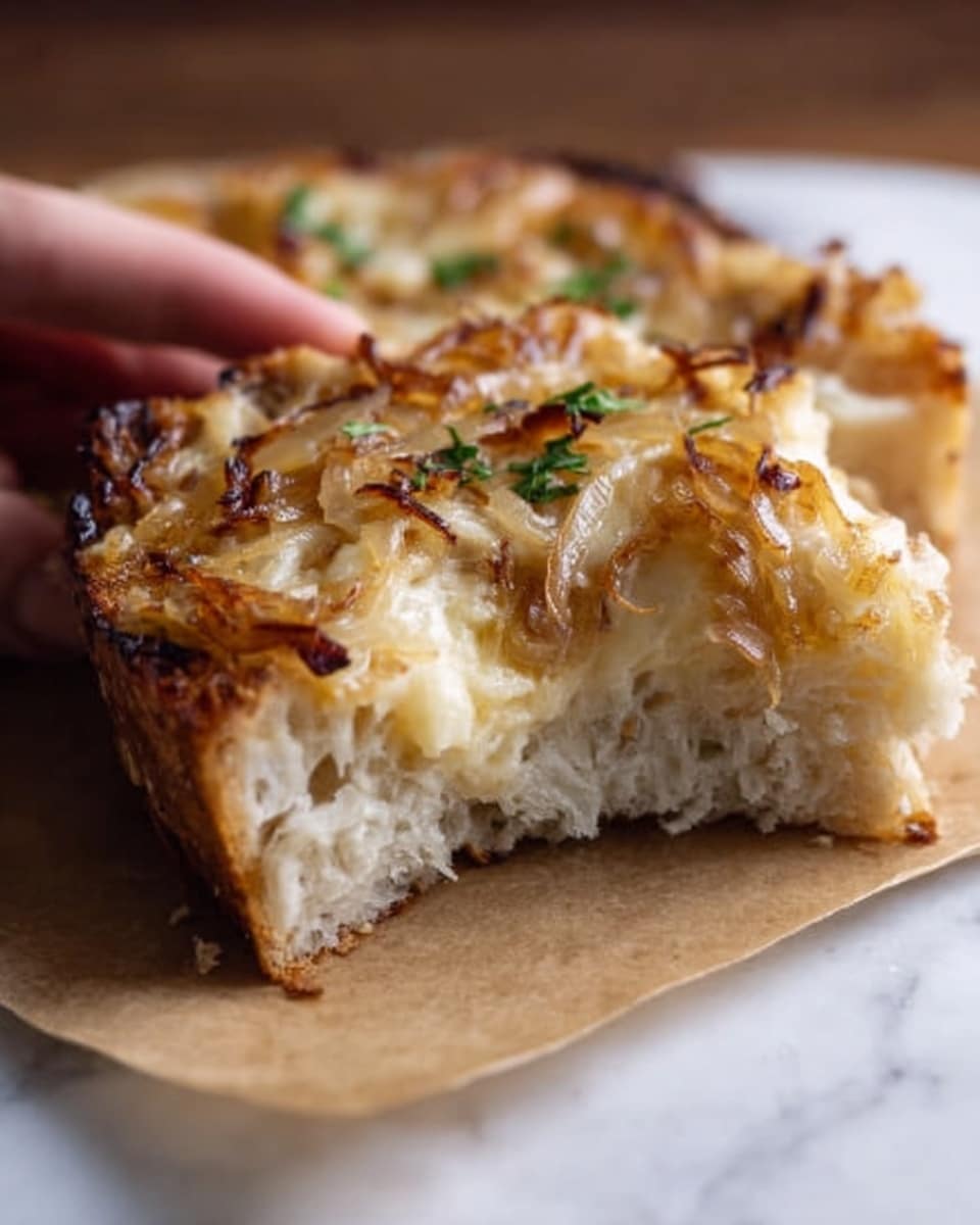 The image shows a close-up of a thick slice of bread topped with melted cheese and caramelized onions. The bread is soft with a light crust and a fluffy inside, visible from a bite taken out of the side. The cheese on top is golden and slightly browned in spots, mixed with thin strands of cooked onions that have a deep golden color and a glossy texture. The slice rests on a piece of light brown parchment paper, placed on a white marbled surface, creating a warm and inviting look. A woman's hand is lightly touching the edge of the parchment paper. Photo taken with an iphone --ar 4:5 --v 7