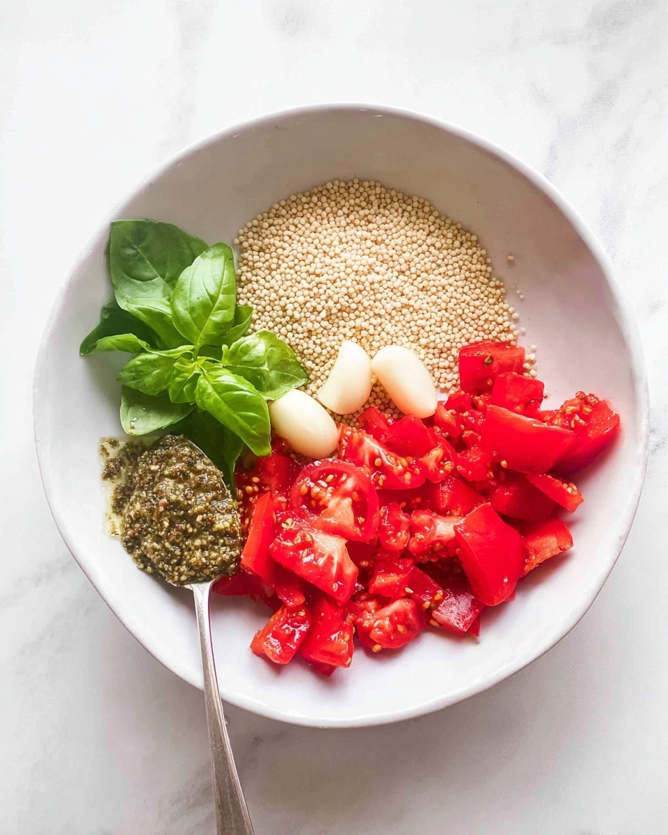 A white bowl on a white marbled surface holds four groups of ingredients neatly placed around the center. One group is small pale round grains, another is bright green basil leaves with a slightly shiny texture and visible veins. There are also two whole smooth white garlic cloves and a pile of roughly chopped bright red tomato pieces showing the juicy insides with seeds. A spoon holds a mound of greenish-brown pesto paste with a somewhat coarse surface near the grains. photo taken with an iphone --ar 4:5 --v 7