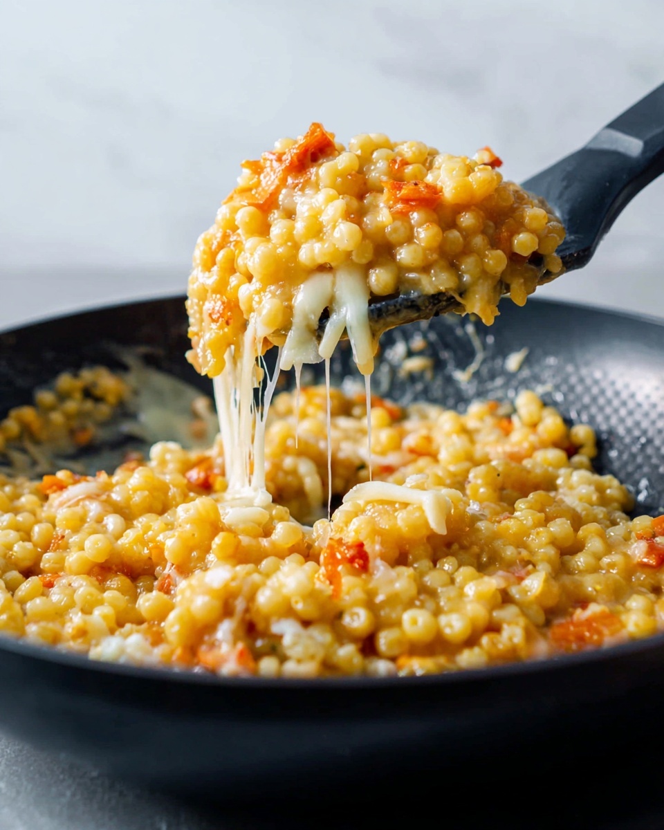 A close-up view of a black pan holding a mix of small round yellow pieces, some with a light orange tint, combined with melted white cheese strands. The dish is being lifted by a black spatula, showing a thick, sticky texture with cheese stretching down from the piece. Bits of orange-red elements are scattered throughout the mix, adding bright spots among the yellow clusters. The background and surface have a soft white marbled texture, giving a clean and simple contrast to the rich colors of the food. Photo taken with an iphone --ar 4:5 --v 7