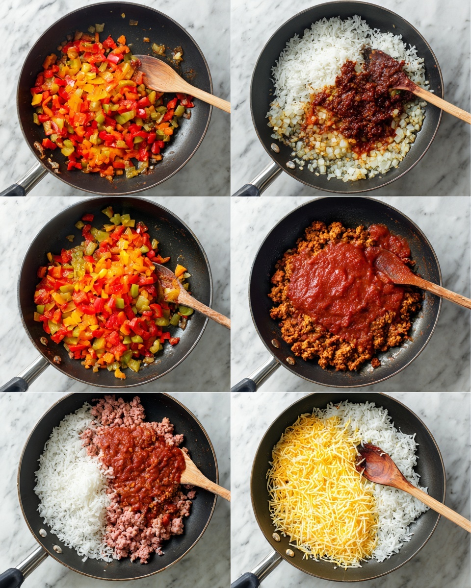 The image shows eight steps of cooking in a black frying pan on a white marbled surface. Step one: a layer of white rice on the bottom right, next to chopped red, orange, and yellow bell peppers on the top left, with a wooden spoon resting on the right side of the pan. Step two: the rice and peppers mixed and sautéed with small pieces of white onion visible, the wooden spoon still on the right side. Step three: the same mixture with added dark brown seasoning and tomato paste on top, the spoon slightly moved toward the center. Step four: the cooked veggies pushed to the sides of the pan with raw pink ground turkey placed in the center, the wooden spoon on the right side. Step five: the turkey browned and mixed with the cooked pepper and onion vegetables, the spoon near the center. Step six: a chunky red tomato sauce added on top of the cooked turkey and veggies, spoon on the right side. Step seven: a smoother red marinara sauce spread over the pan's contents, with the wooden spoon on the right side. Step eight: shredded yellow melted cheese covering the top layer fully, with the wooden spoon resting on the right. Photo taken with an iphone --ar 4:5 --v 7