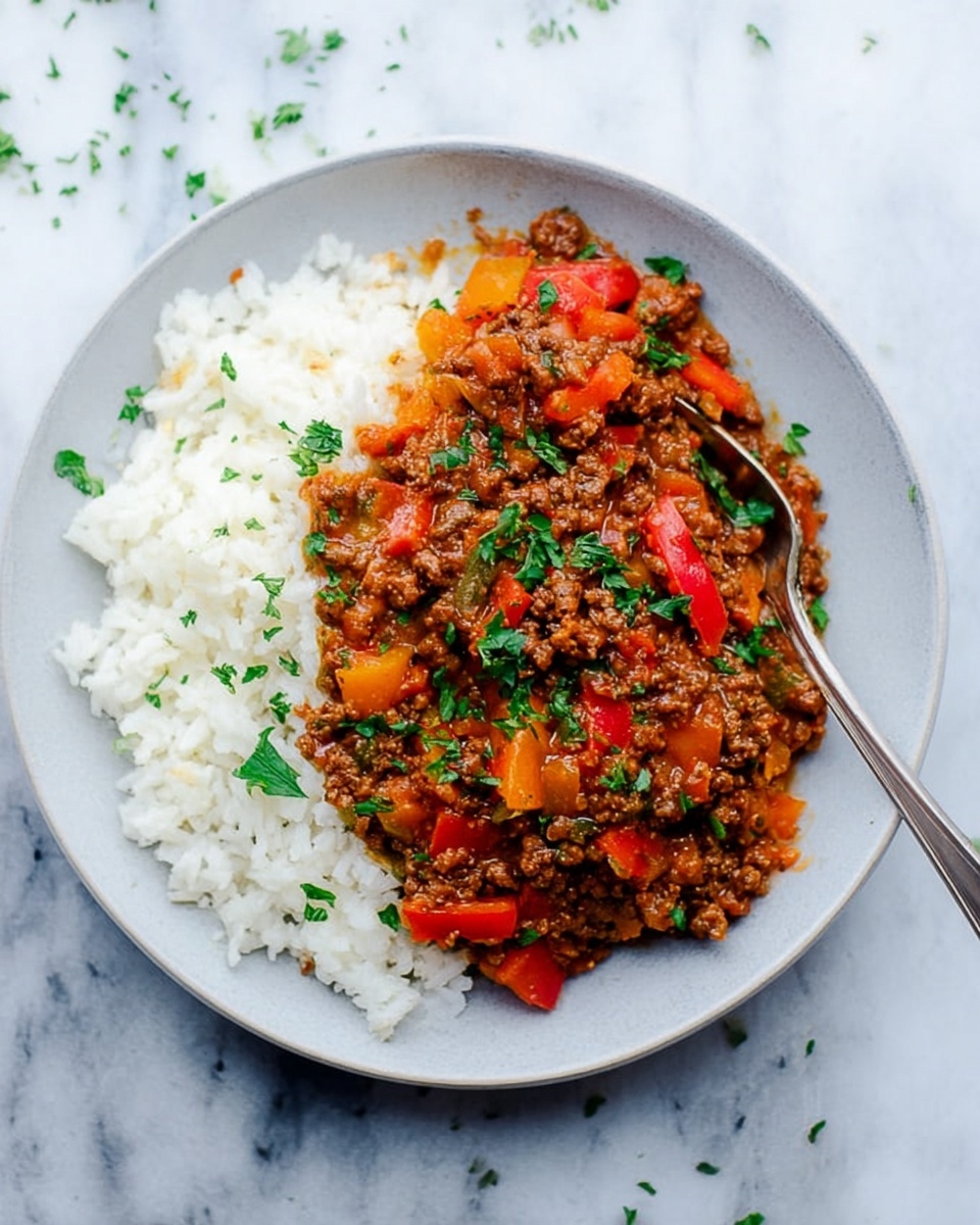 A white plate filled with a layer of plain white rice on the right side, topped with a thick, chunky stew on the left. The stew has a mixture of brown cooked ground meat, orange and red bell pepper pieces, and small bits of green herbs sprinkled on top. A shiny silver fork rests inside the stew and rice, with its handle going out of the plate to the right side. The plate is placed on a white marbled surface with small scattered green herb pieces around. photo taken with an iphone --ar 4:5 --v 7