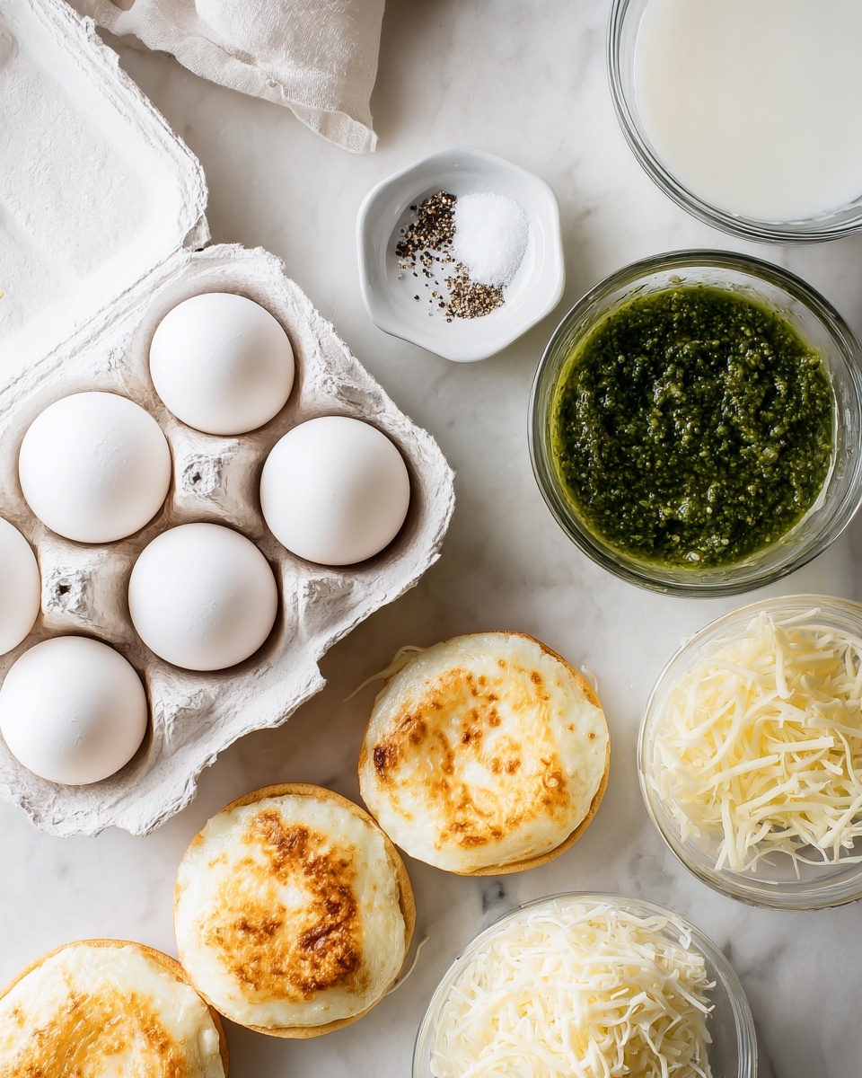 The image shows six white eggs in a carton set on a white marbled surface, with a small white bowl of salt and pepper above them. To the right, there is a clear glass bowl filled with green pesto, a clear glass bowl with white milk, and a clear glass bowl containing light yellow egg whites. Below these bowls is a small white bowl with shredded cheese. In the foreground, four toasted English muffins with a golden brown top are lined up horizontally on the white marbled surface. Each ingredient is labeled with simple text placed directly above or near the item. The photo taken with an iphone --ar 4:5 --v 7