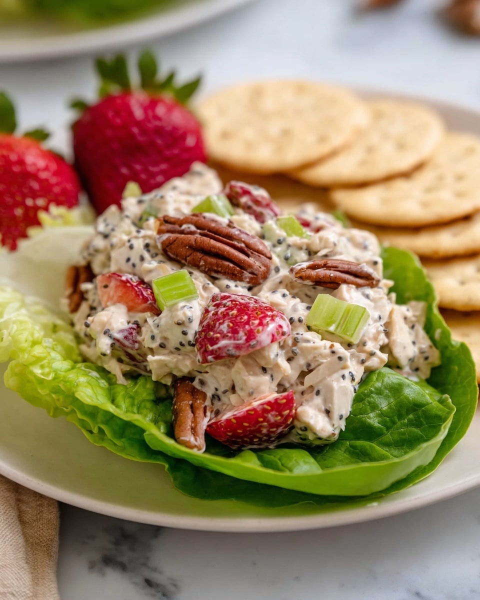 A white plate holds a single large green lettuce leaf as the base layer. On top is a creamy chicken salad mixed with small black poppy seeds, diced green celery, halved red strawberries, and whole brown pecans, forming the second layer with a varied texture of smooth cream and crunchy bits. The salad sits mostly in the center, surrounded by several round beige crackers arranged on the right side of the plate. The background shows a soft white marbled surface. photo taken with an iphone --ar 4:5 --v 7