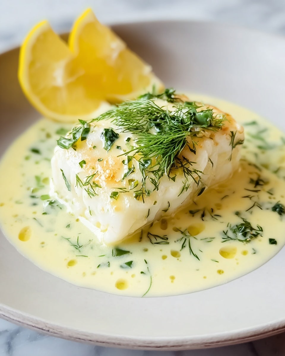 A thick, white piece of cooked fish sits on a white plate, covered in a shiny, light yellow sauce mixed with small green herb pieces scattered on top and around it. A silver fork lifts one end of the fish, showing its soft, flaky texture as creamy sauce drips down. The plate rests on a white marbled surface. Photo taken with an iphone --ar 4:5 --v 7
