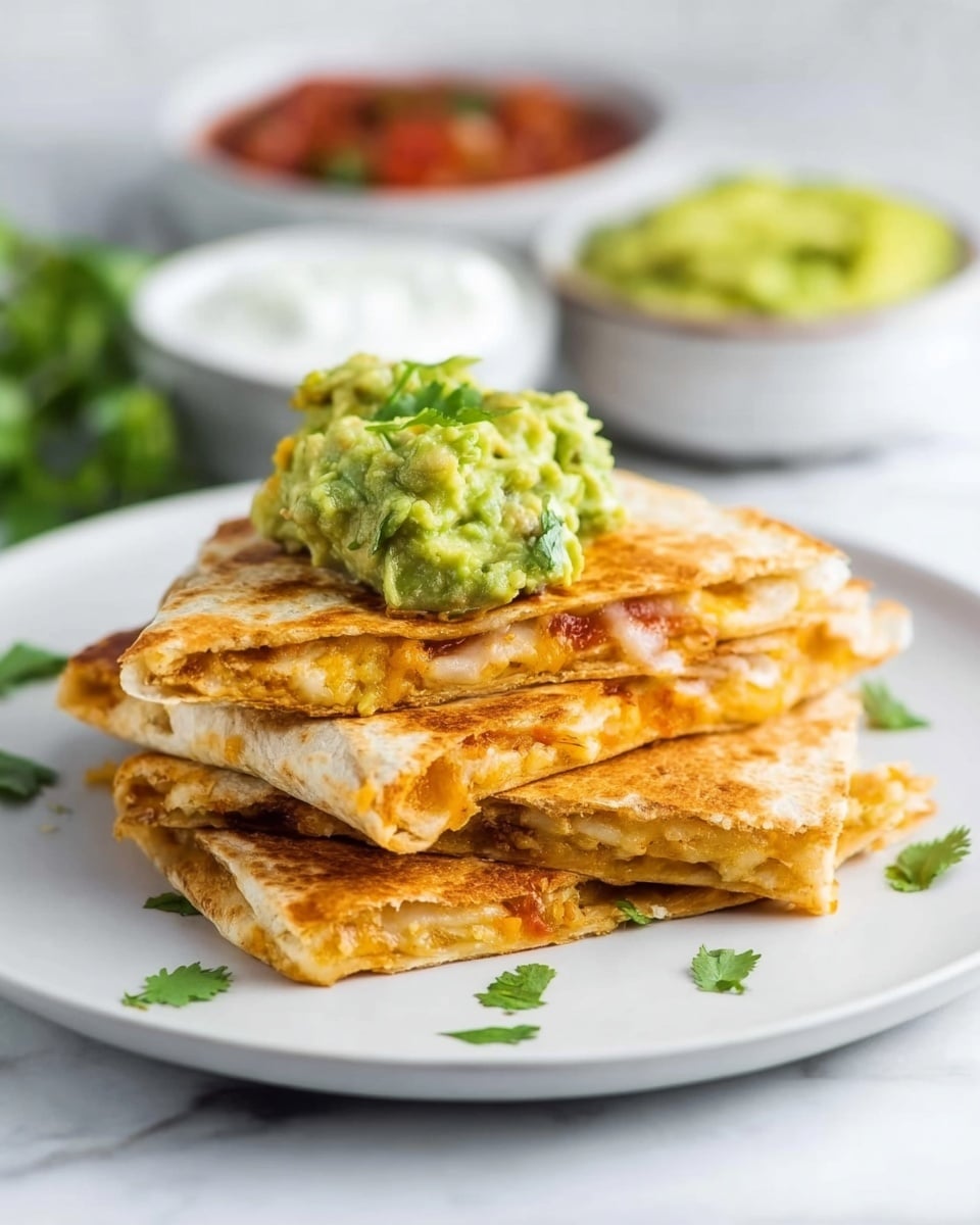 A tall stack of eight golden brown quesadilla slices sits on a white plate, each slice showing crispy, slightly browned edges and a soft, cheesy interior with bits of herbs and chicken. The slices are layered unevenly, some slightly overlapping, revealing a melted cheese texture between the thin, toasted tortillas. Small green cilantro leaves are scattered around the base of the stack on the white marbled surface. The background is softly blurred, with a green bowl and some red tomatoes faintly visible, highlighting the focus on the quesadillas. photo taken with an iphone --ar 4:5 --v 7