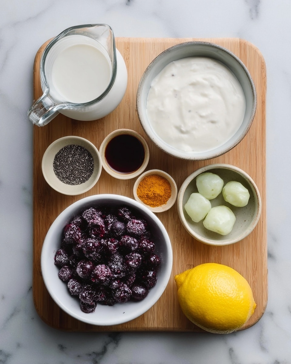 The image shows a wooden board on a white marbled surface with seven items neatly arranged. Starting from the top left, there is a glass jug filled with white liquid. To its right, a white bowl holds thick, creamy white yogurt. Next to this, a small beige bowl contains dark brown vanilla extract. Below, a small white bowl is filled with tiny black chia seeds. To the right of that, a white bowl contains several pieces of light green frozen avocado. Below these items, a larger white bowl is filled with dark purple frozen berries. To the right of the bowl, a small beige bowl holds orange turmeric powder. Finally, a bright yellow lemon sits at the bottom right corner on the board. The colors contrast nicely with the white dishes and the light wooden board, all set on the clean white marbled background. photo taken with an iphone --ar 4:5 --v 7