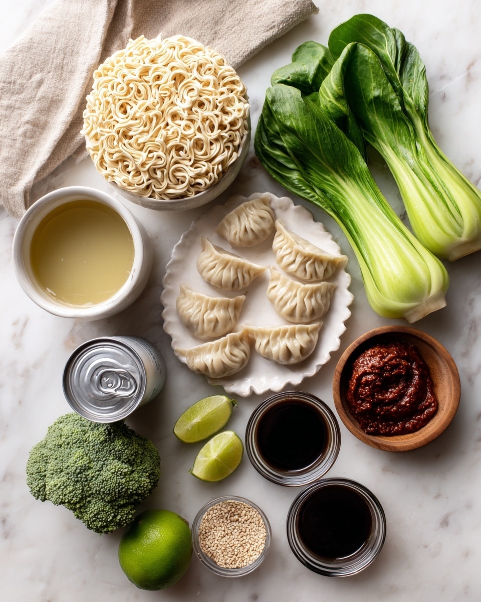 Two blocks of ramen noodles with a curly texture are placed at the top right. Below the noodles, two fresh green baby bok choy heads with bright, smooth leaves sit on the right side. A large piece of broccoli with tight green florets is near the bottom center. A stack of beige dumplings with soft, wrinkled skin is arranged on a small white, slightly scalloped dish in the center-left. Next to the dumplings, a shiny silver can of coconut milk lies on its side. On the left side, a round white bowl holds clear vegetable broth that has a light yellow tint. Nearby, from top to bottom, a small white bowl with thick dark red curry paste, a halved bright green lime, a tiny wooden bowl with light-colored sesame seeds, and two small glass cups filled with dark soy sauce and hoisin sauce are neatly lined up. All items are laid out on a white marbled surface with a folded beige cloth at the top. Photo taken with an iphone --ar 4:5 --v 7