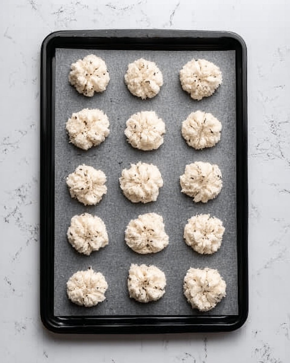 A black baking tray holds fifteen small, round white cookies spaced evenly in three rows and five columns. Each cookie has a rough texture with visible small dark bits embedded throughout, giving a slightly crumbly look. The tray rests on a white marbled surface with subtle gray veins. The overall scene is bright and clear, showing the cookies freshly placed and ready for baking. photo taken with an iphone --ar 4:5 --v 7