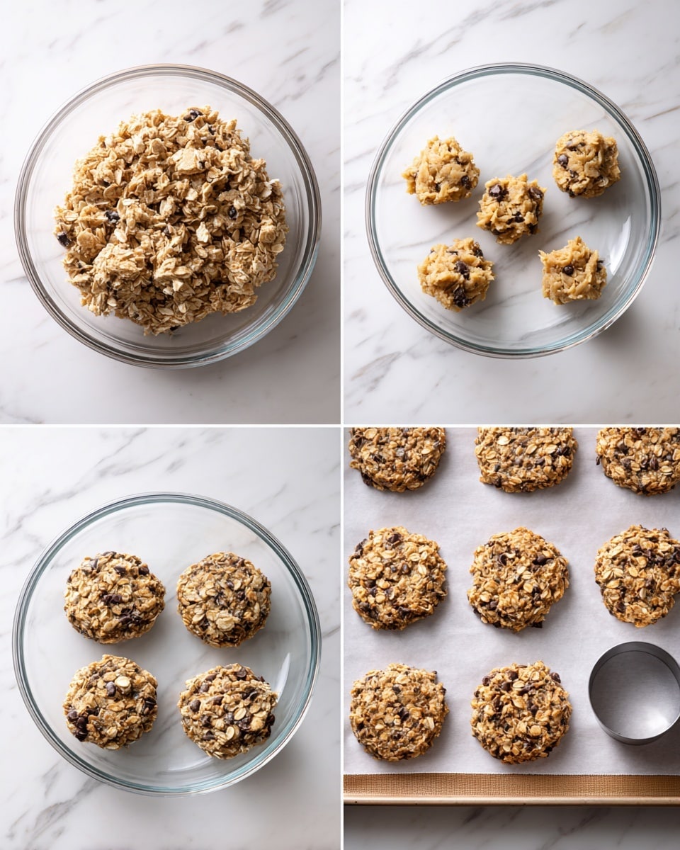 The image shows four steps of making oatmeal cookies on a white marbled surface. The first layer is a clear glass bowl filled with thick and chunky oatmeal cookie dough with visible oats and chocolate chips. The second layer shows six round dollops of raw cookie dough placed evenly on parchment paper with a light gray color. The third layer has the dough pressed flat into six round cookie shapes on the parchment paper, with one metal cookie cutter at the bottom right pressing the dough. The last layer shows the cookies baked to a golden brown color with a rough, textured surface full of oats and chocolate chips, still on the parchment paper. Photo taken with an iphone --ar 4:5 --v 7