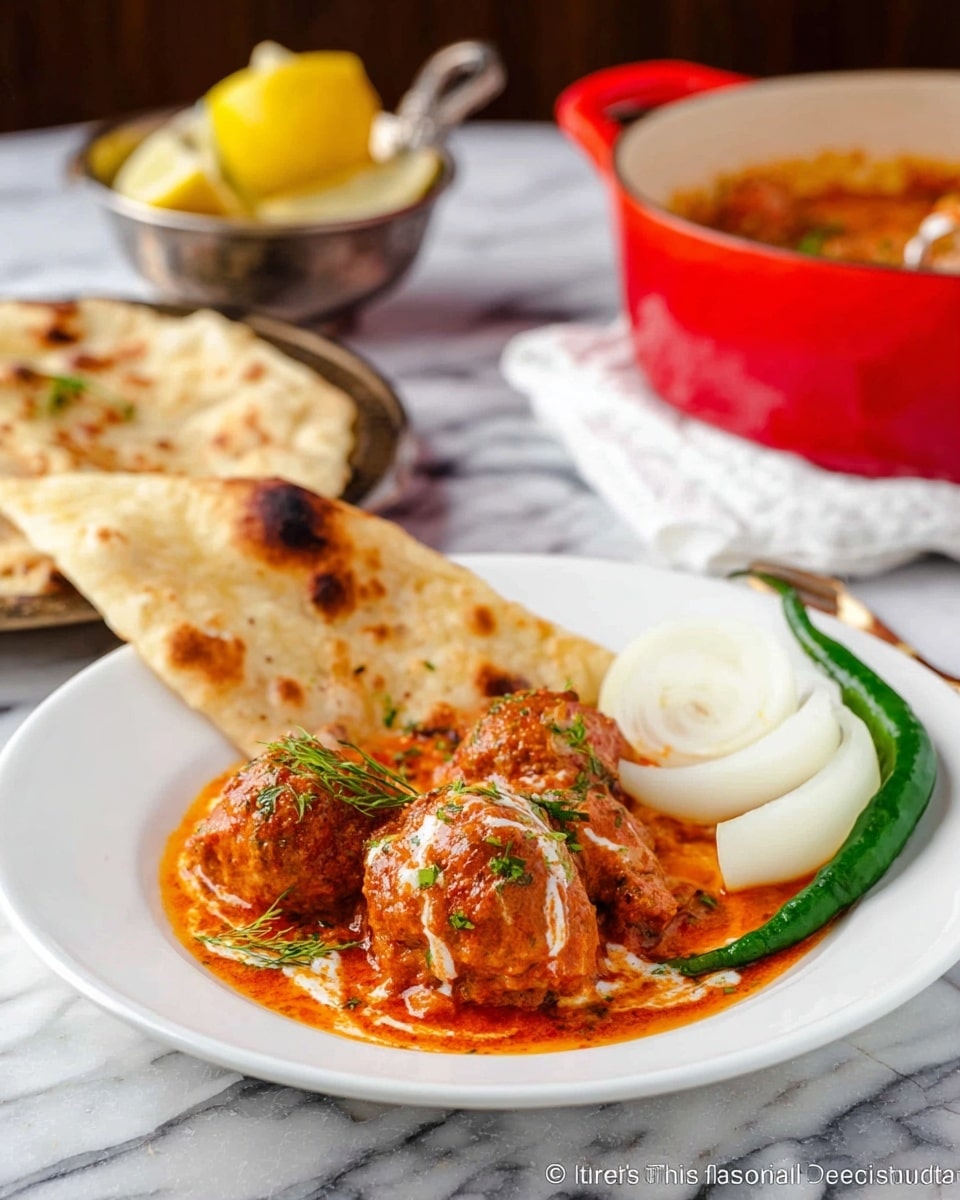 A white round plate holds three pieces of meatballs covered in a thick orange-red sauce with a hint of white cream drizzle and small green herb garnish on top. Behind the meatballs is a triangular piece of flatbread with a light golden brown color and slightly charred spots. To the right side of the plate are two thick white onion slices, a bright yellow lemon slice, and a long green chili pepper. The plate sits on a white marbled surface. In the background, there is an out-of-focus red pot on a white cloth and a small metal bowl with lemon slices. Photo taken with an iphone --ar 4:5 --v 7