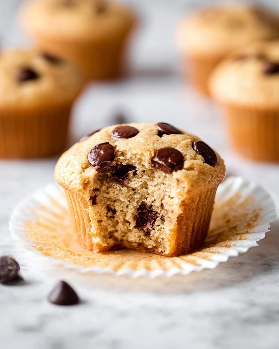 A close-up view of a single chocolate chip muffin with a bite taken from the front side, showing its soft, light brown, and moist inside. The muffin has a light golden top with a few large, melted dark brown chocolate chips scattered on it. The muffin sits on a white cupcake liner that is slightly spread open, resting on a white marbled surface. In the background, there are other similar muffins, slightly blurred, keeping the focus on the bitten one. A few chocolate chips are scattered on the marbled surface around the muffin photo taken with an iphone --ar 4:5 --v 7